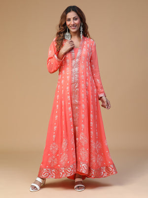 CHIKANKARI GEORGETTE PEACH KALI KURTA WITH DUPATTA SET