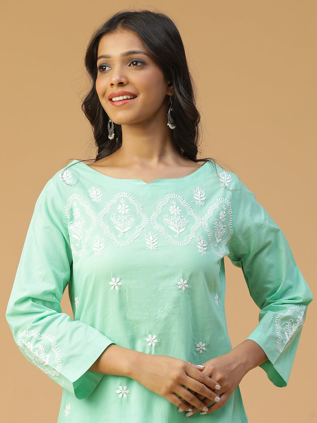 Semal Soft Cotton Boat Neck Chikankari Kurta Set in Tranquil Green