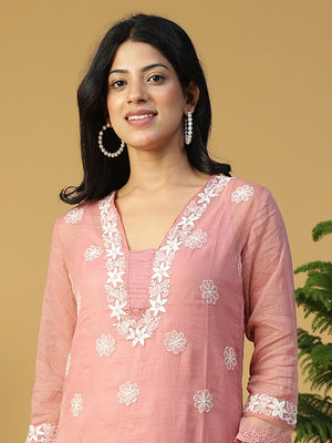 Hand Embroidered Lucknowi Chikankari Straight with Organza Border Kota Kurta With Pants CH0229/0125