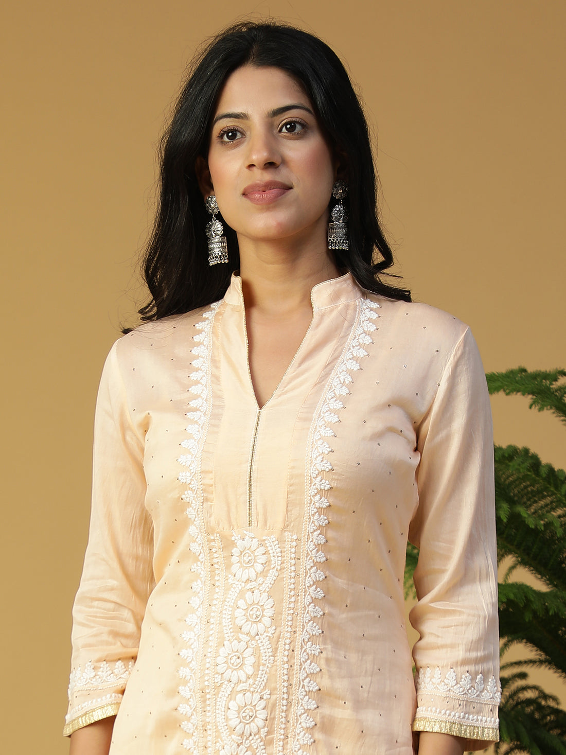 Hand Embroidered Peach Lucknowi Chikankari Chanderi kurta with Mukaish work CH0020B