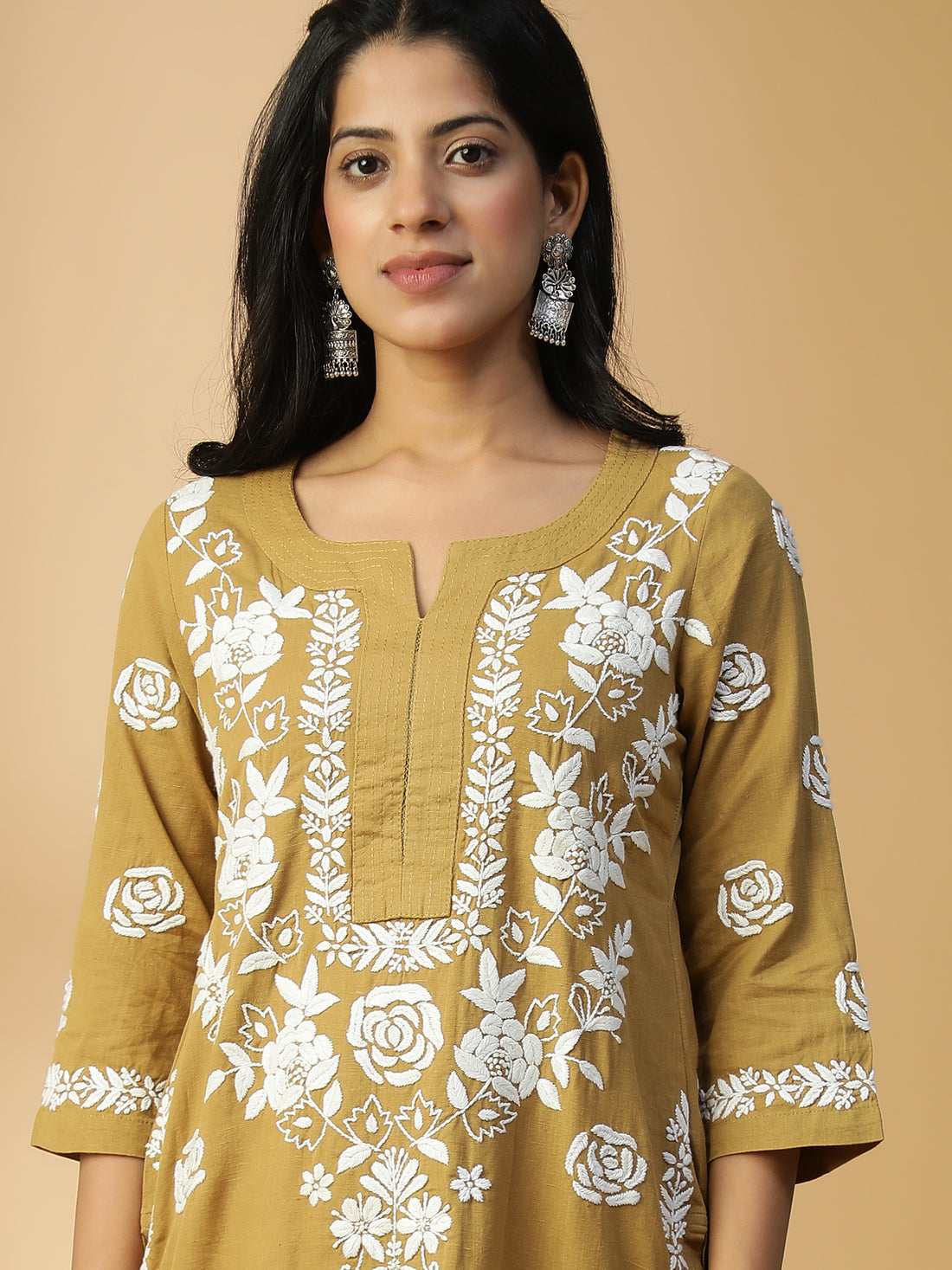 HAND EMBROIDERED DARK BEIGE COTTON LUCKNOWI CHIKANKARI STRAIGHT KURTA CH0152