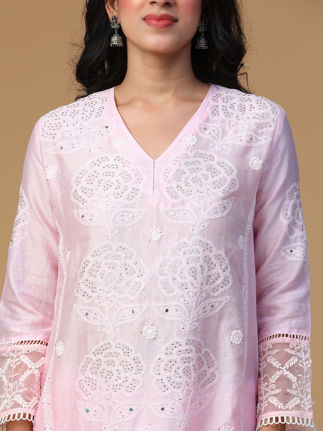 Semal Hand Embroidered Chanderi Rose Pink Colour Lucknow Chikankari with Mukaish work Kurta Set