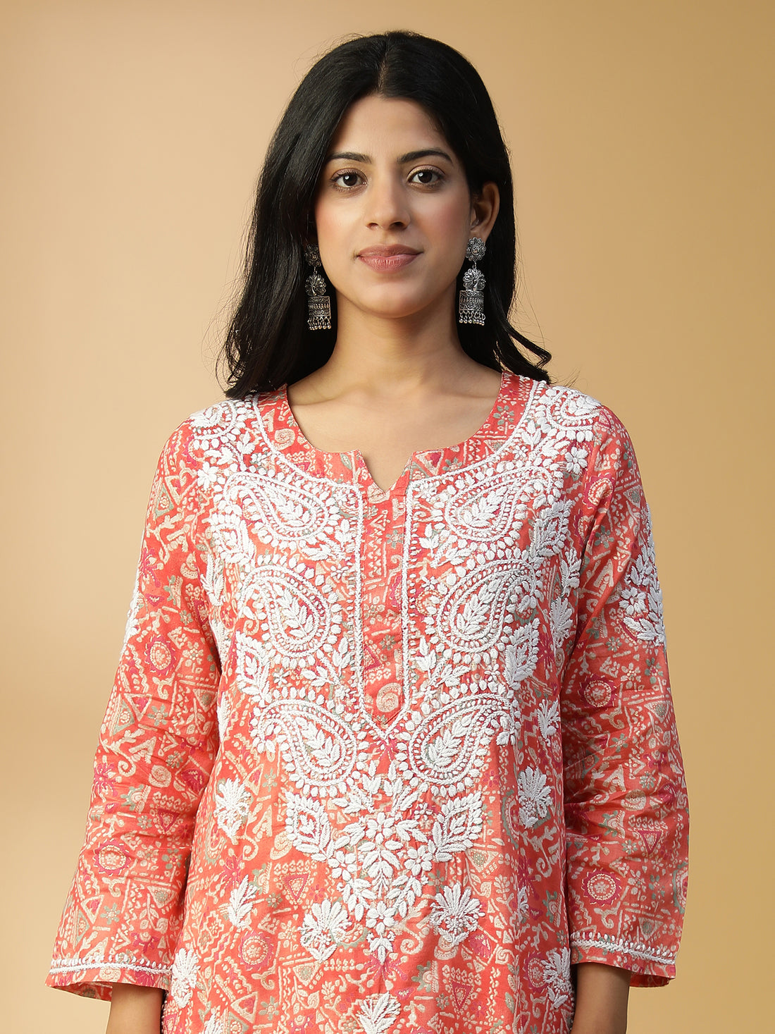 HAND EMBROIDERED ROSE PINK COTTON LUCKNOWI CHIKANKARI PRINTED KURTA CH0157