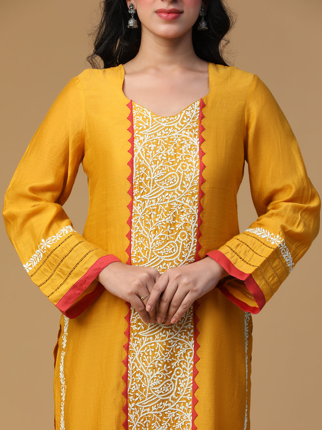 Chikankari Applique work detailing Chanderi Silk Kurta Set