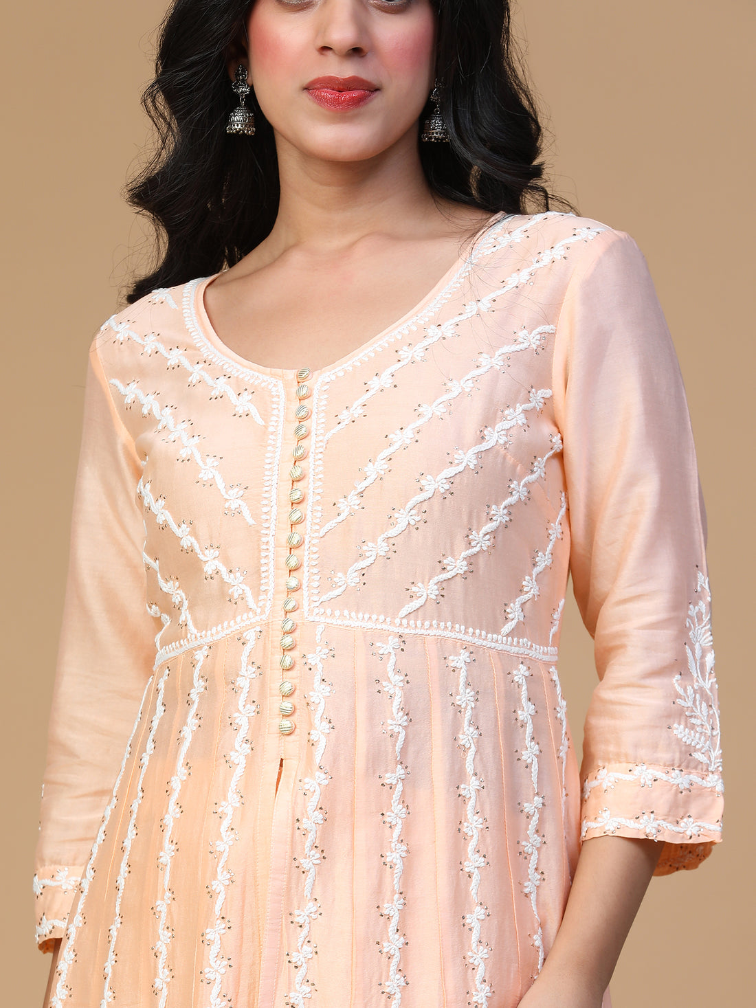 Semal Hand Embroidered Chanderi Silk  Peach Lucknow Chikankari Front Slit Kali Kurta With Mukaish Work