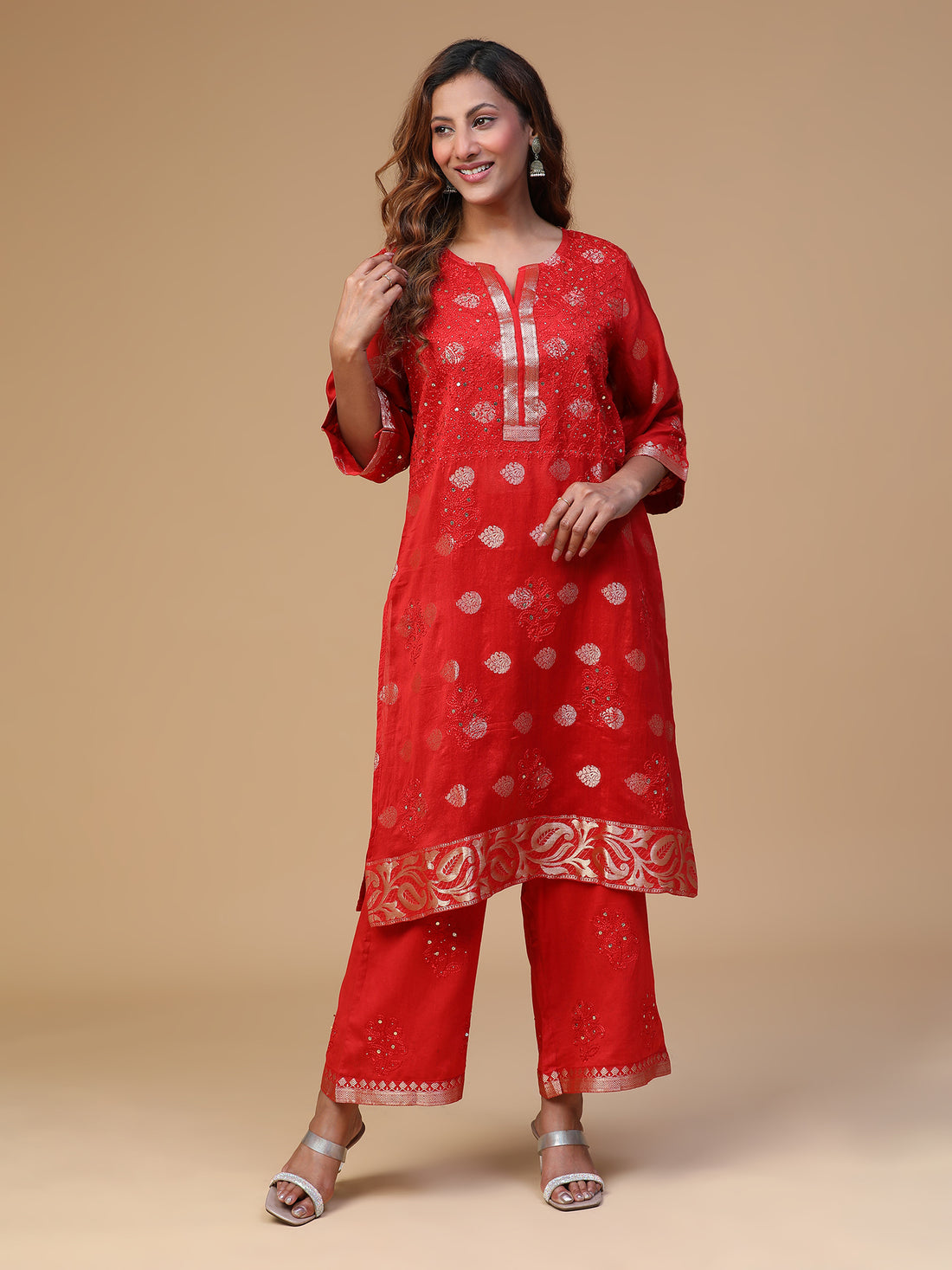 SEMAL HAND EMBROIDERED BANARSI CHANDERI RED COLOUR STRAIGHT KURTA SET