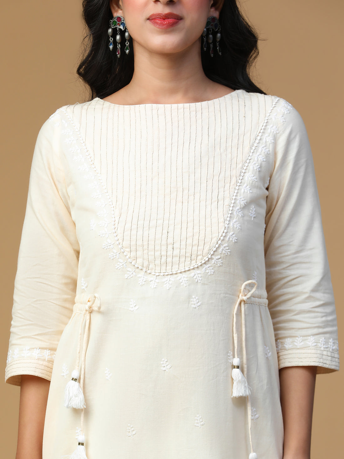 Semal Hand Embroidered Light Beige Cotton Linen Kasab Pintuck Lucknow Chikankari Tunic