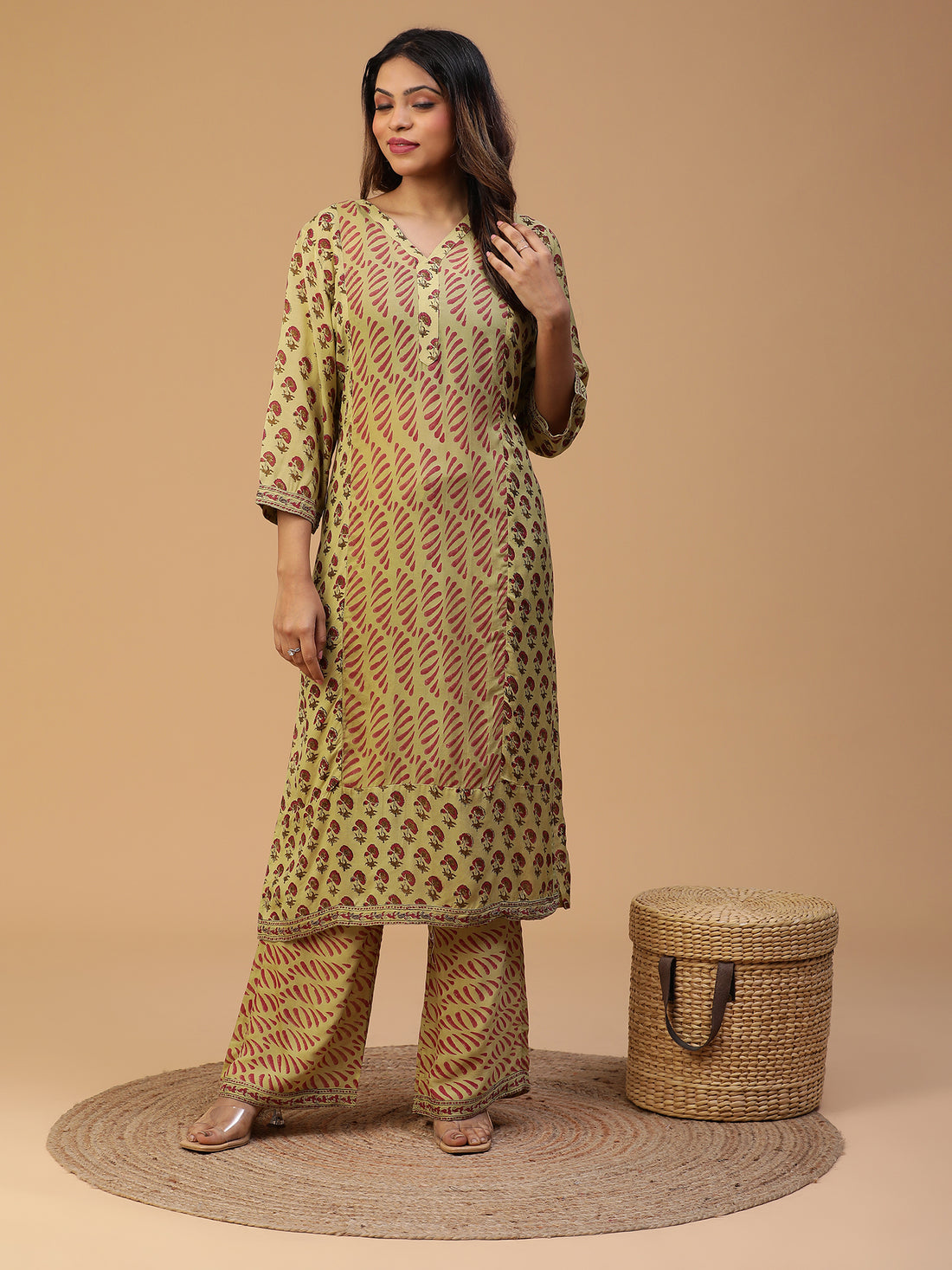 Hand Block Printed White A-line Gathered Kurta With Pants and Dupatta Set Blk_008