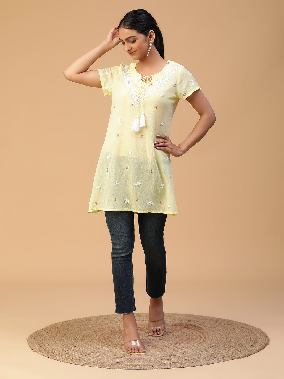 Yellow Bliss Lucknowi Chikankari Handloom Jamdani Top