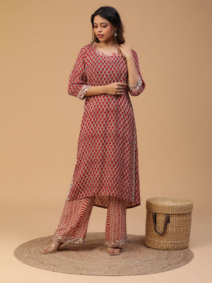 Hand Block Printed Maroon Straight Kurta With Pants And Dupatta Set Blk_001