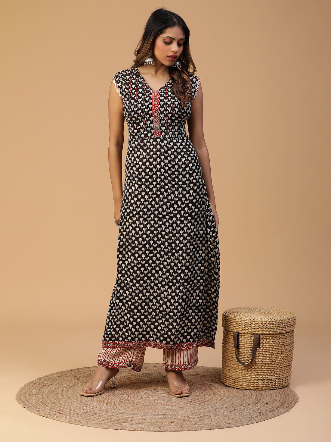 Hand Block Printed Black Straight Sleeveless Kurta With Pants and Dupatta Set Blk_003