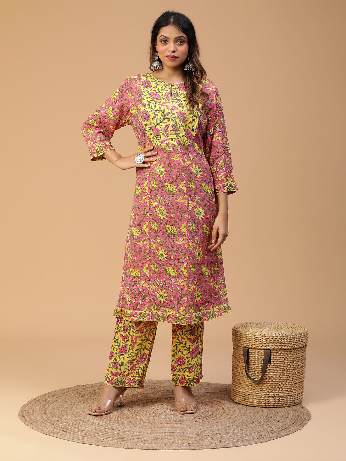 Hand Block Printed Pink A-line Yoke Kurta With Pants and Dupatta Set Blk_004