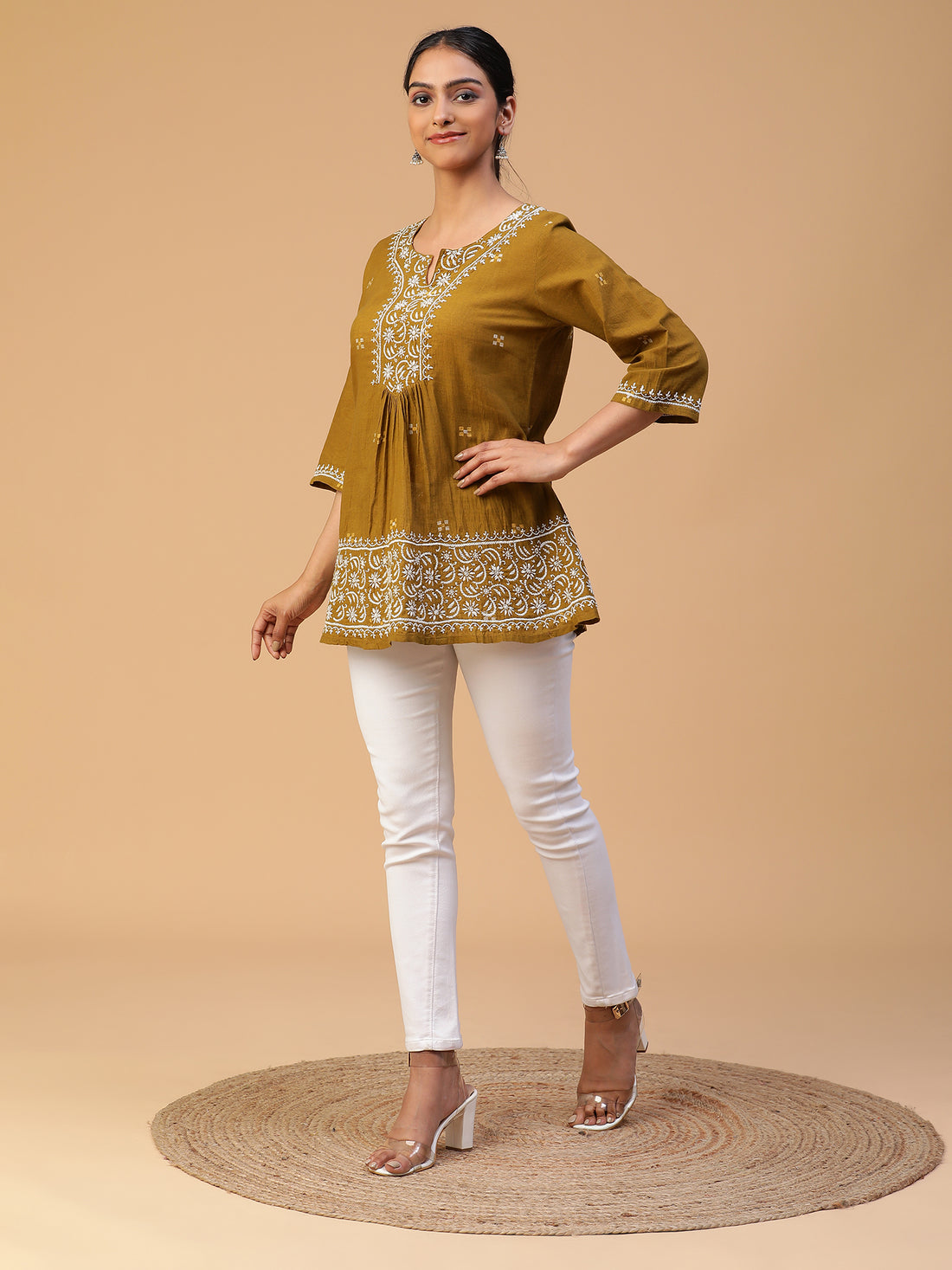 Semal Lucknow Chikankari Beige dream Handloom Jamdani Top