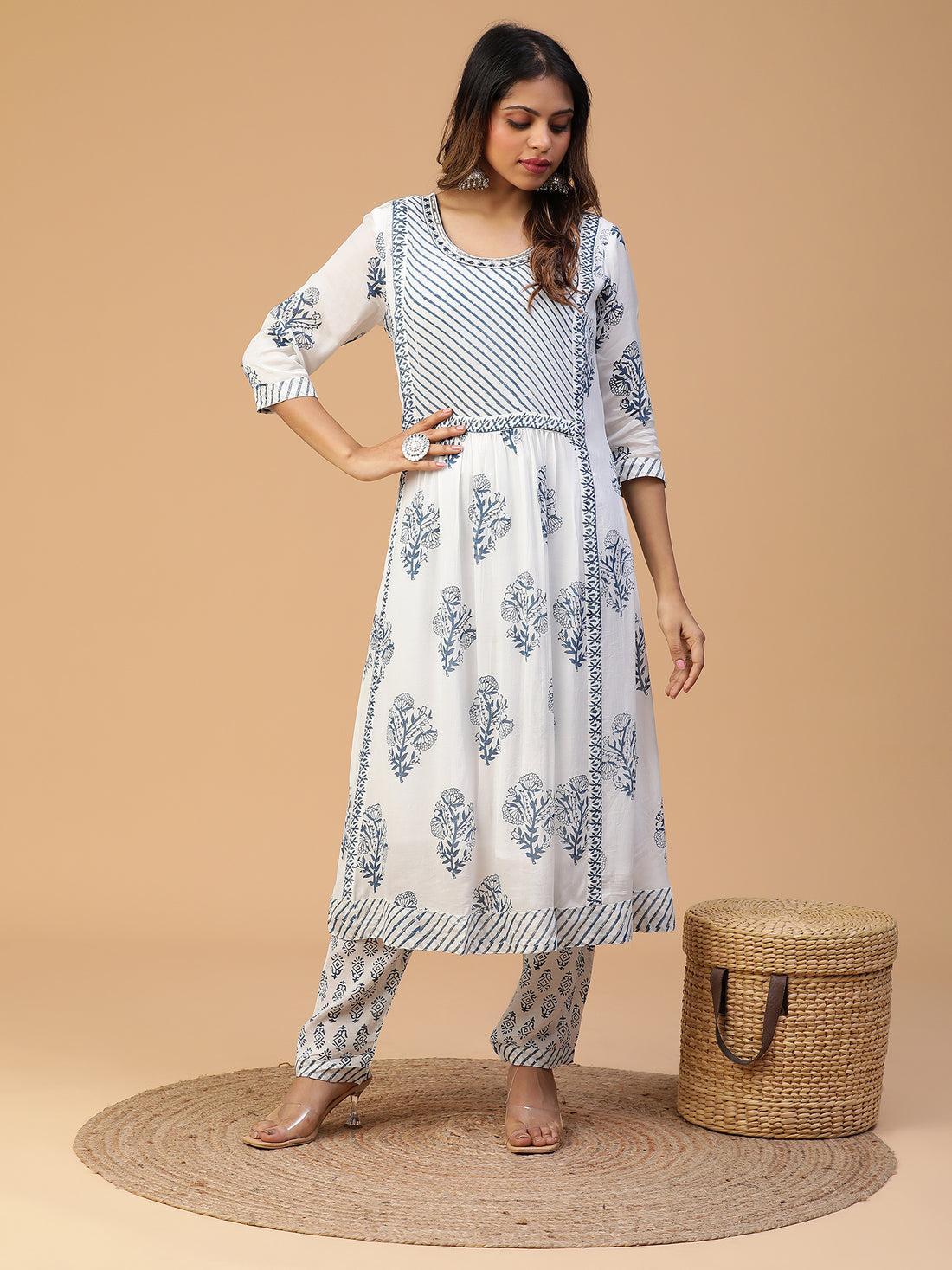 Hand Block Printed White A-line Gathered Kurta With Pants and Dupatta Set Blk_005