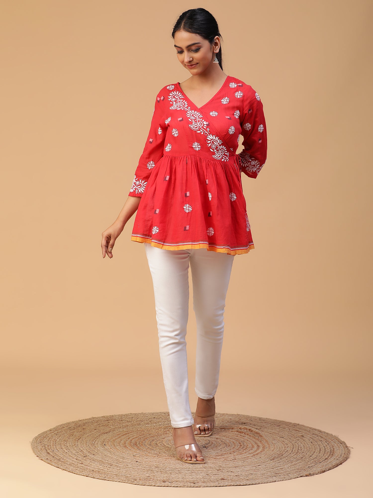 Red Radiance: Chikankari Handloom Jamdani Top