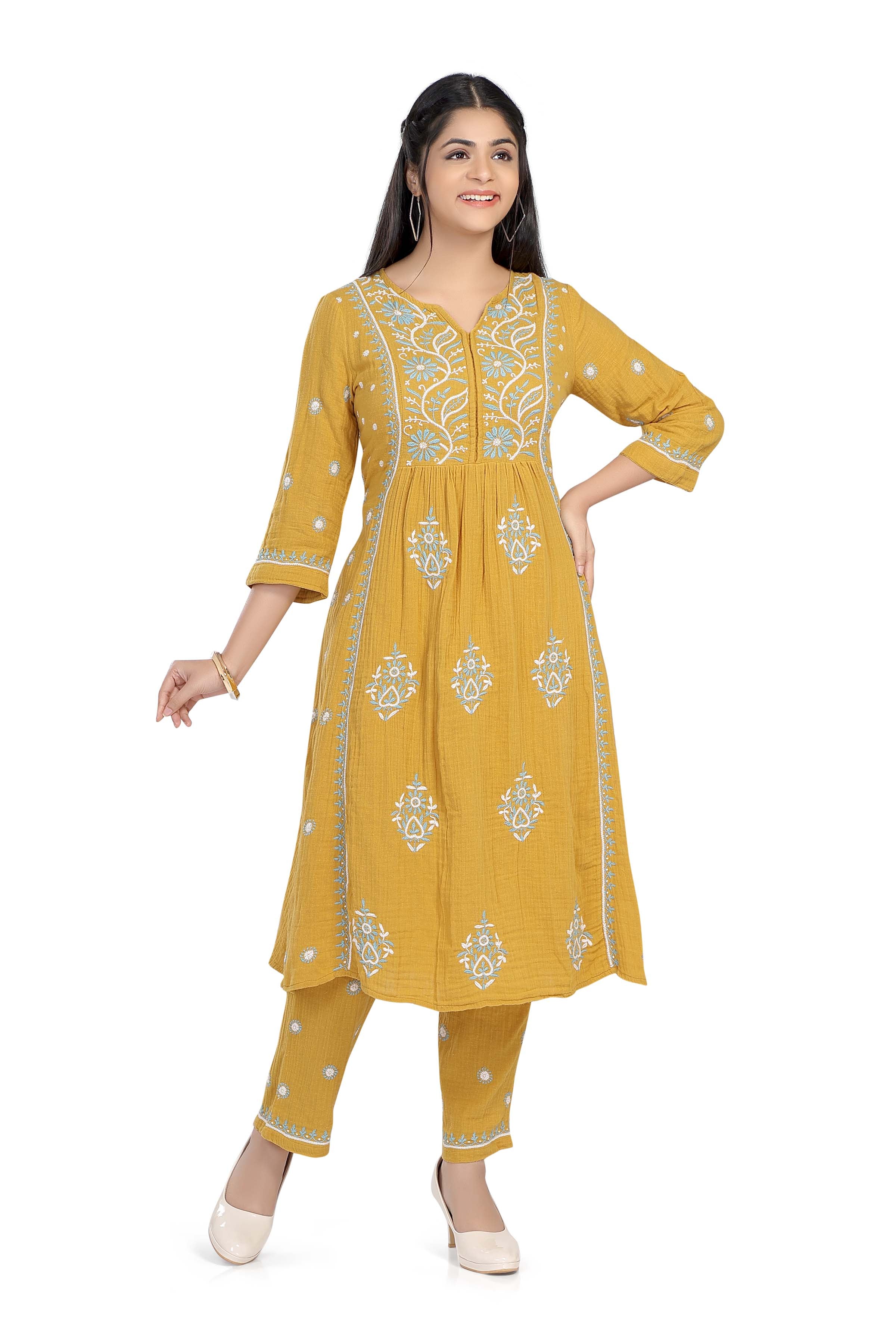 Semal Hand Embroidered Cotton Golden Spice Lucknowi Chikankari Kurta Set