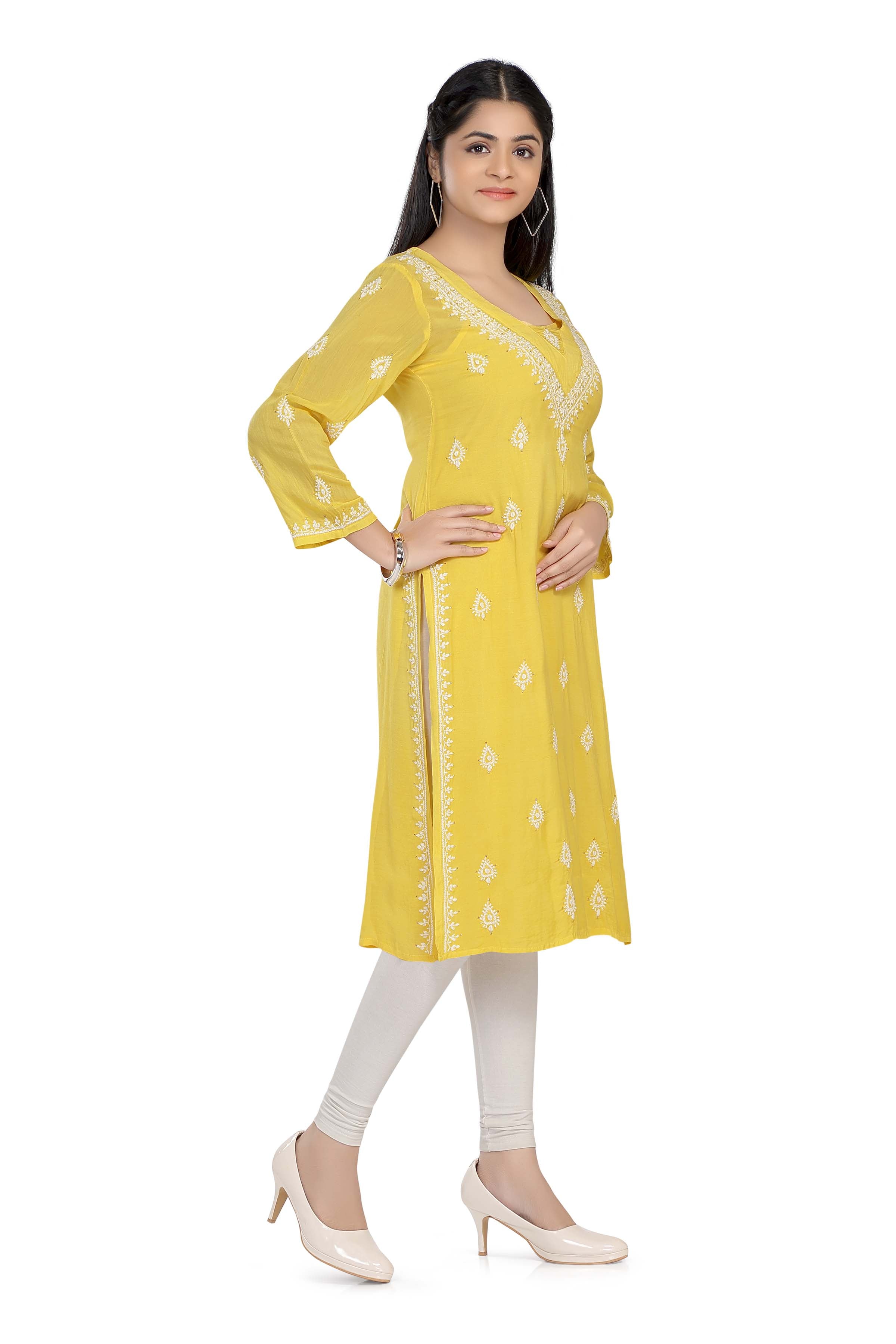 Semal handicrafts Lucknow Chikankari straight yellow kurta