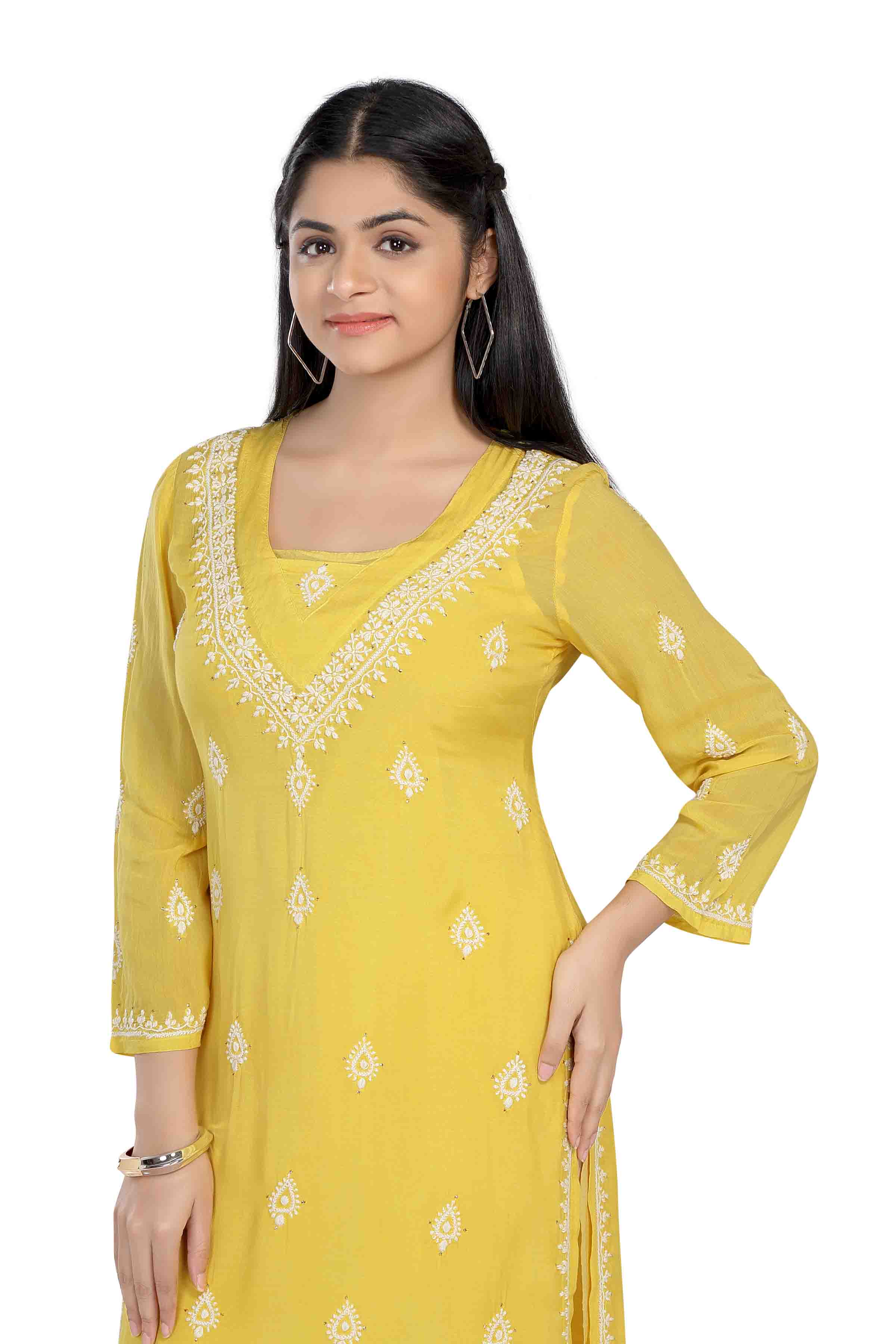 Semal handicrafts Lucknow Chikankari straight yellow kurta