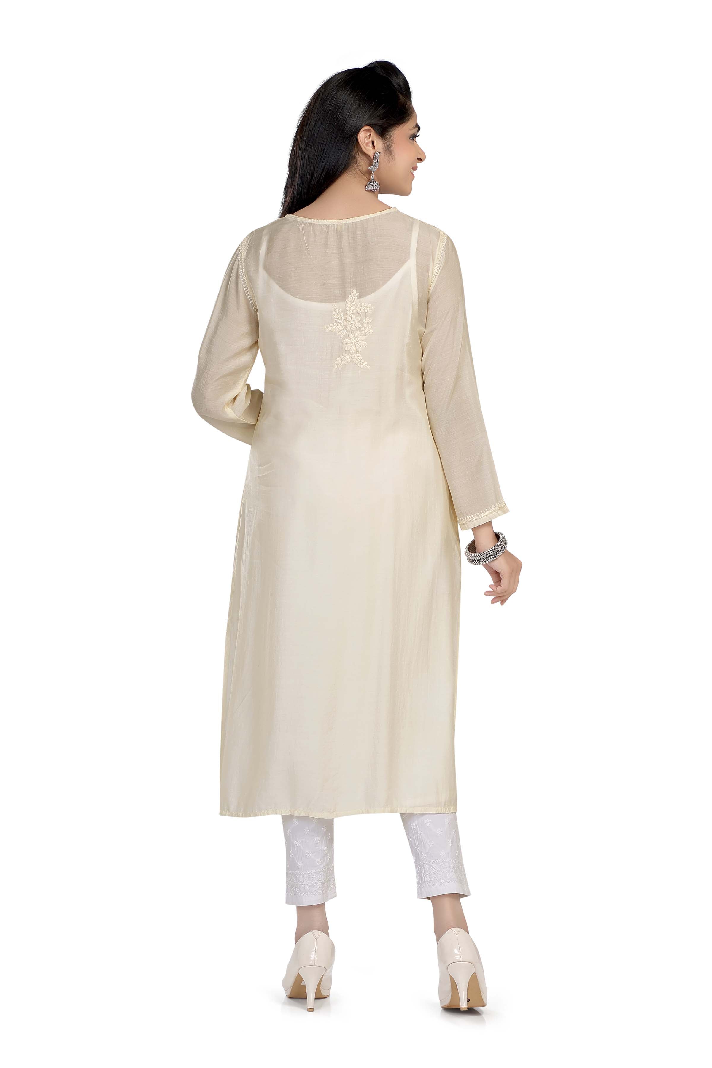 Semal Lucknow Chikankari Straight Light Beige Muslin Kurta