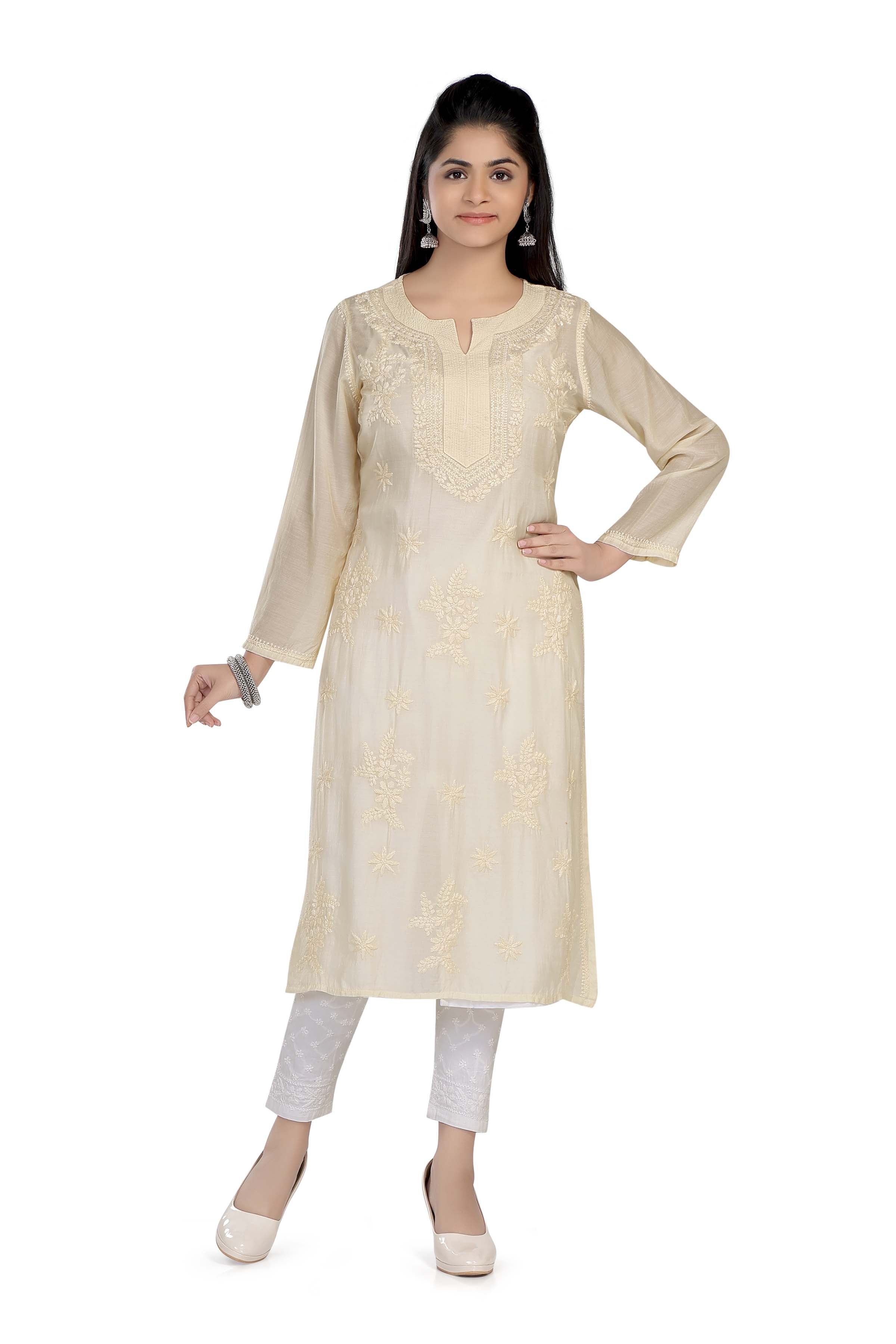 Semal Lucknow Chikankari Straight Light Beige Muslin Kurta