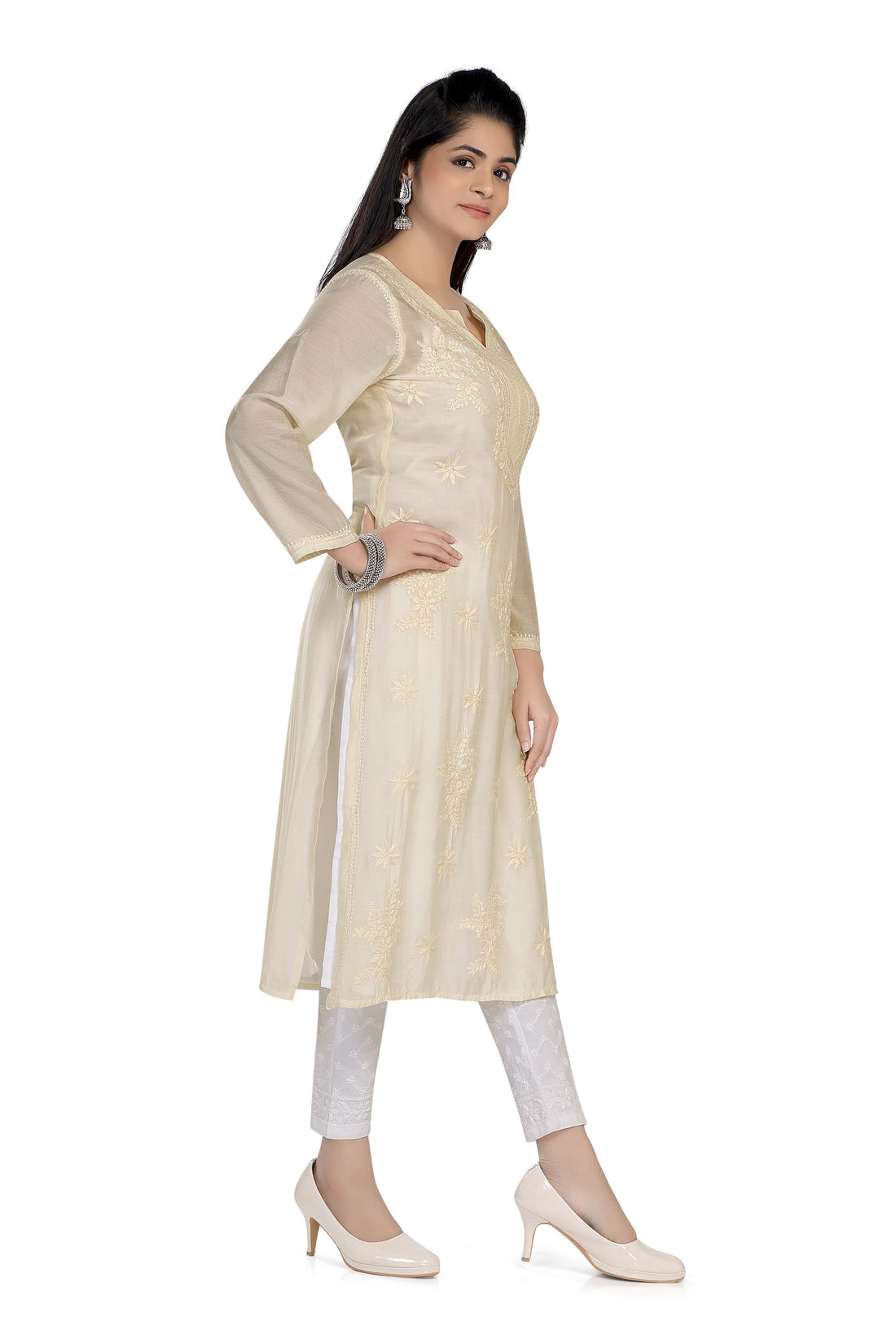 Semal Lucknow Chikankari Straight Light Beige Muslin Kurta