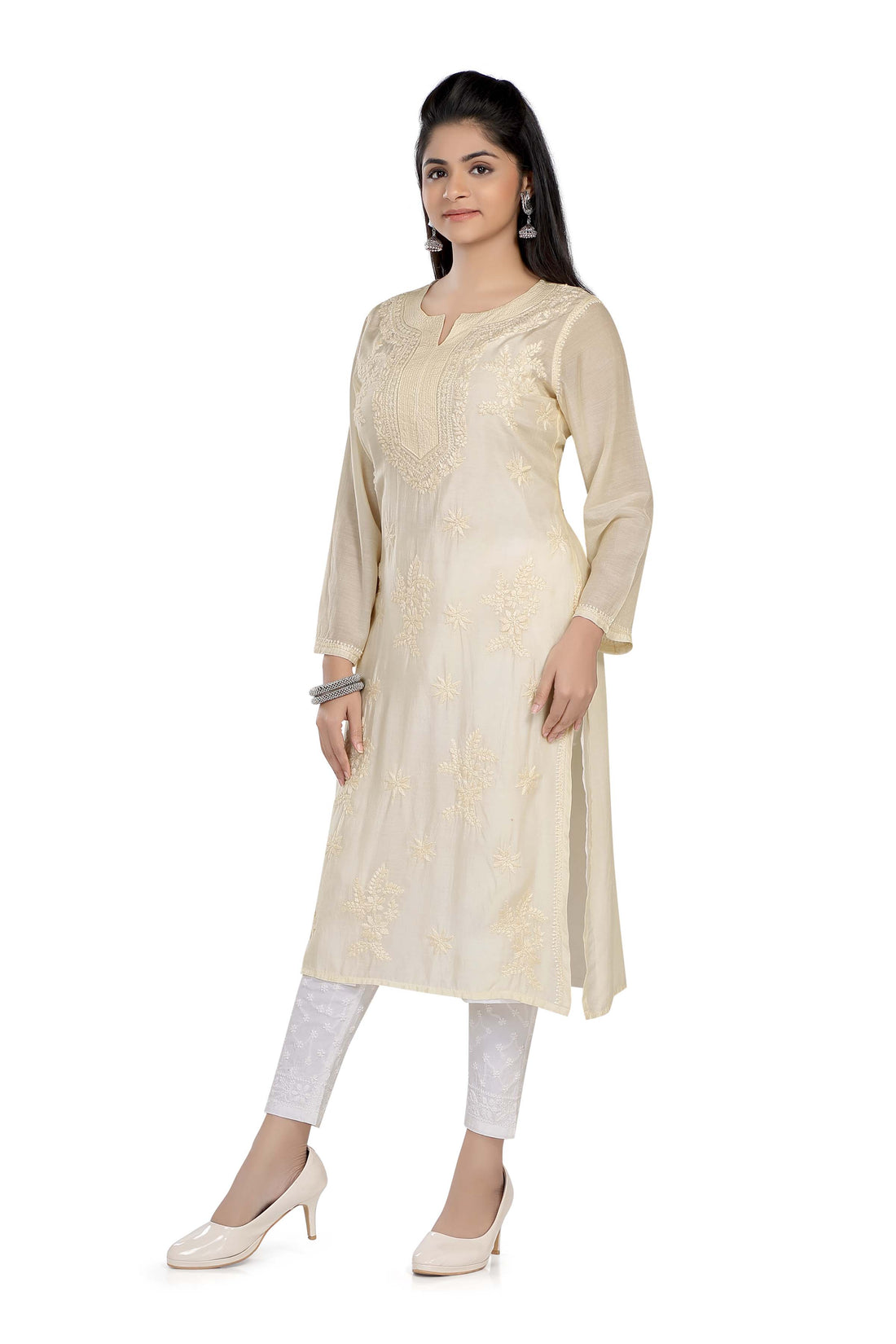 Semal Lucknow Chikankari Straight Light Beige Muslin Kurta