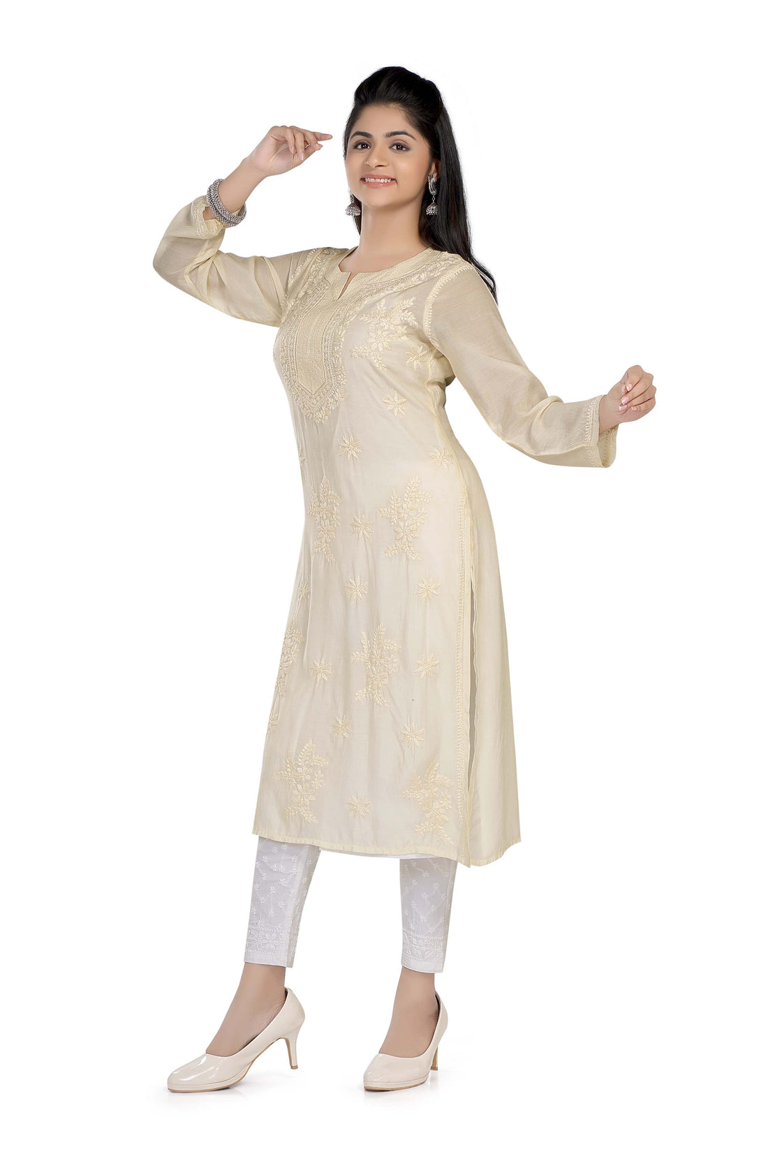 Semal Lucknow Chikankari Straight Light Beige Muslin Kurta