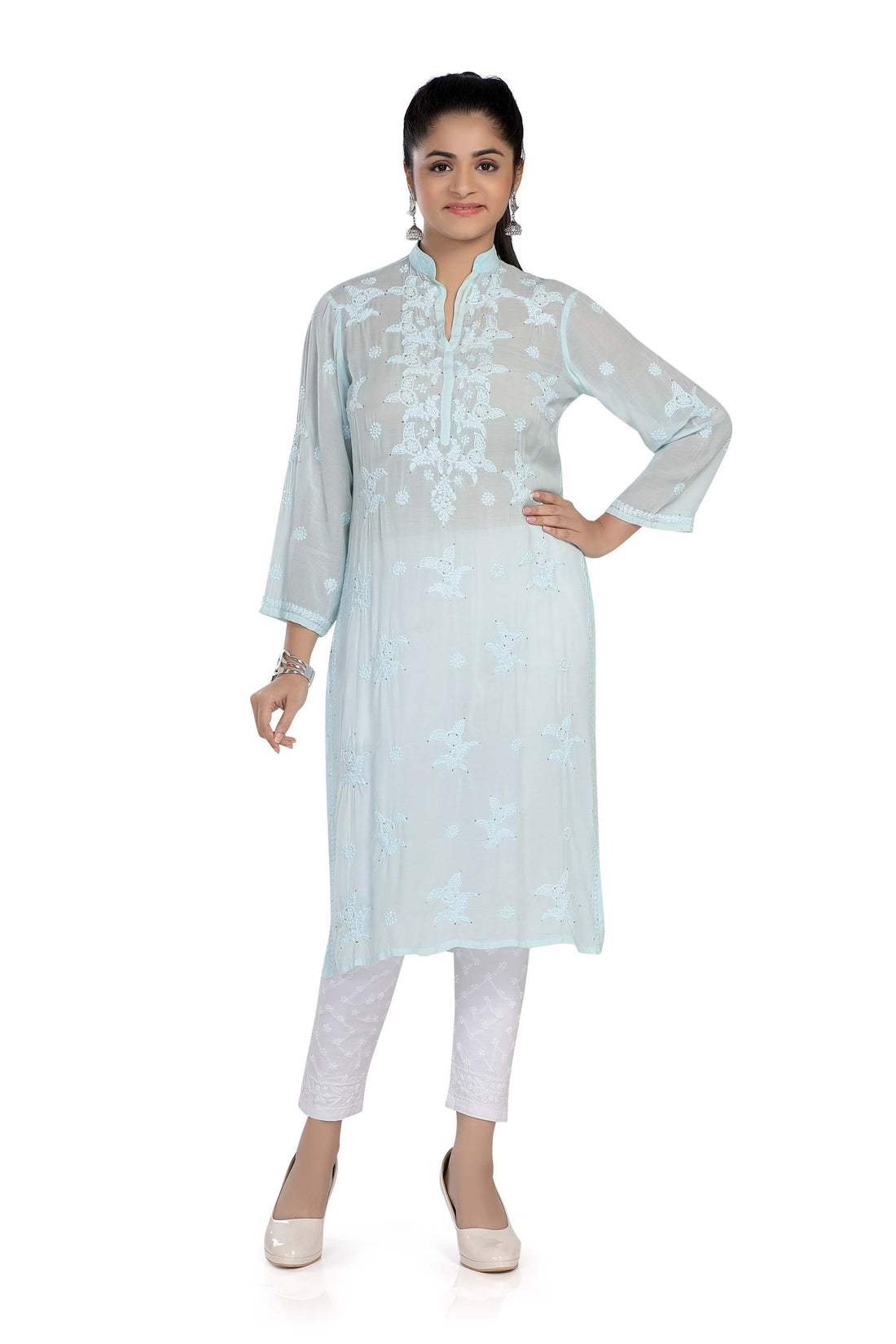 Semal handicrafts Chikankari straight baby blue kurta