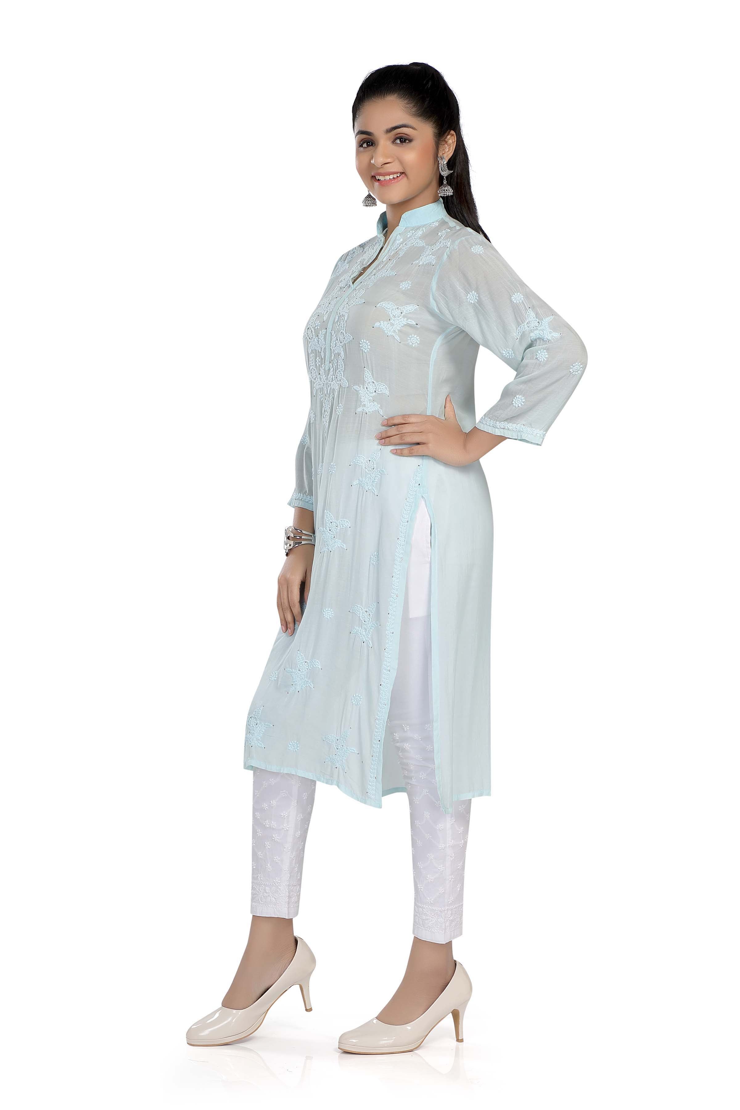 Semal handicrafts Chikankari straight baby blue kurta