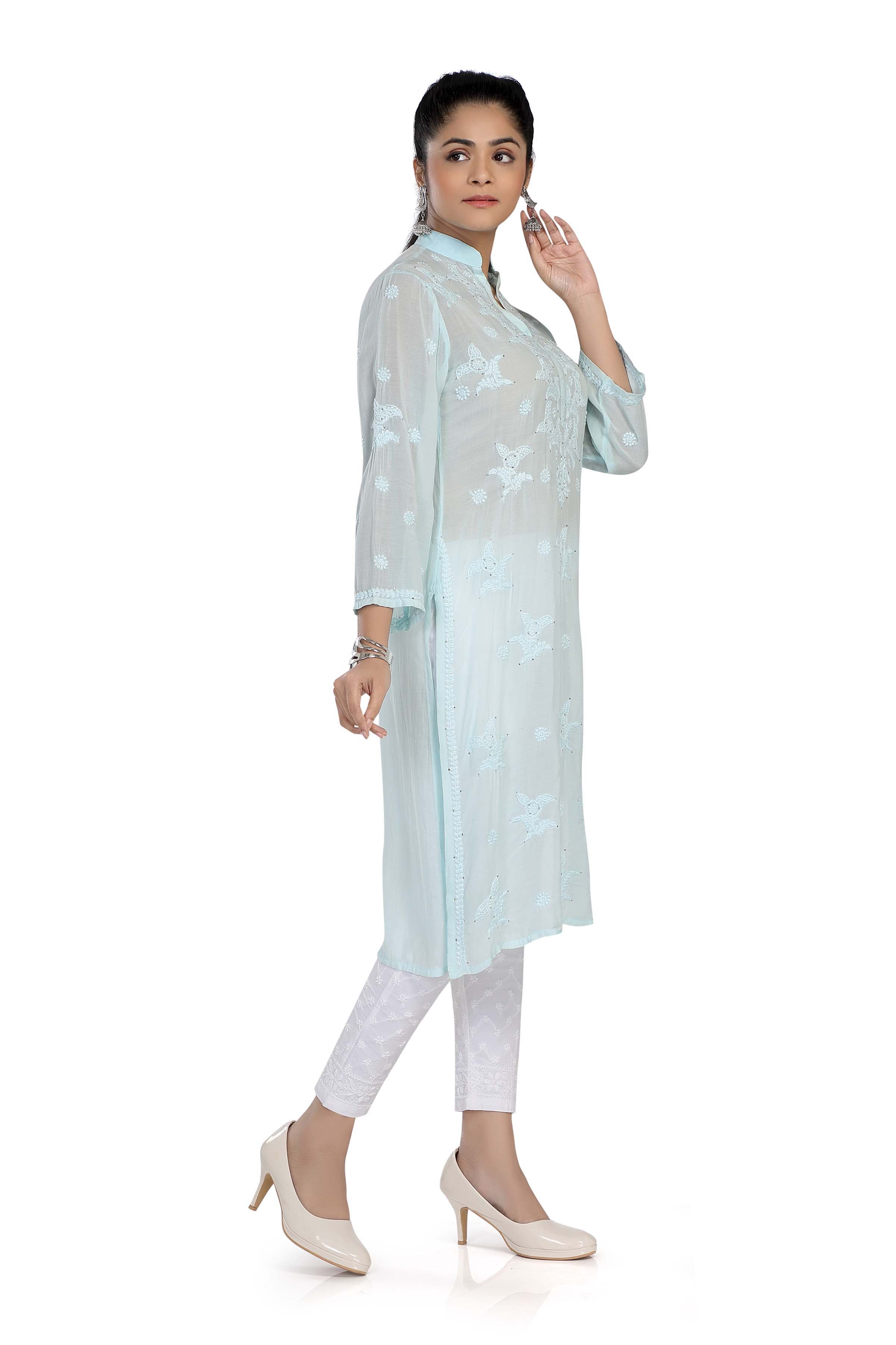 Semal handicrafts Chikankari straight baby blue kurta