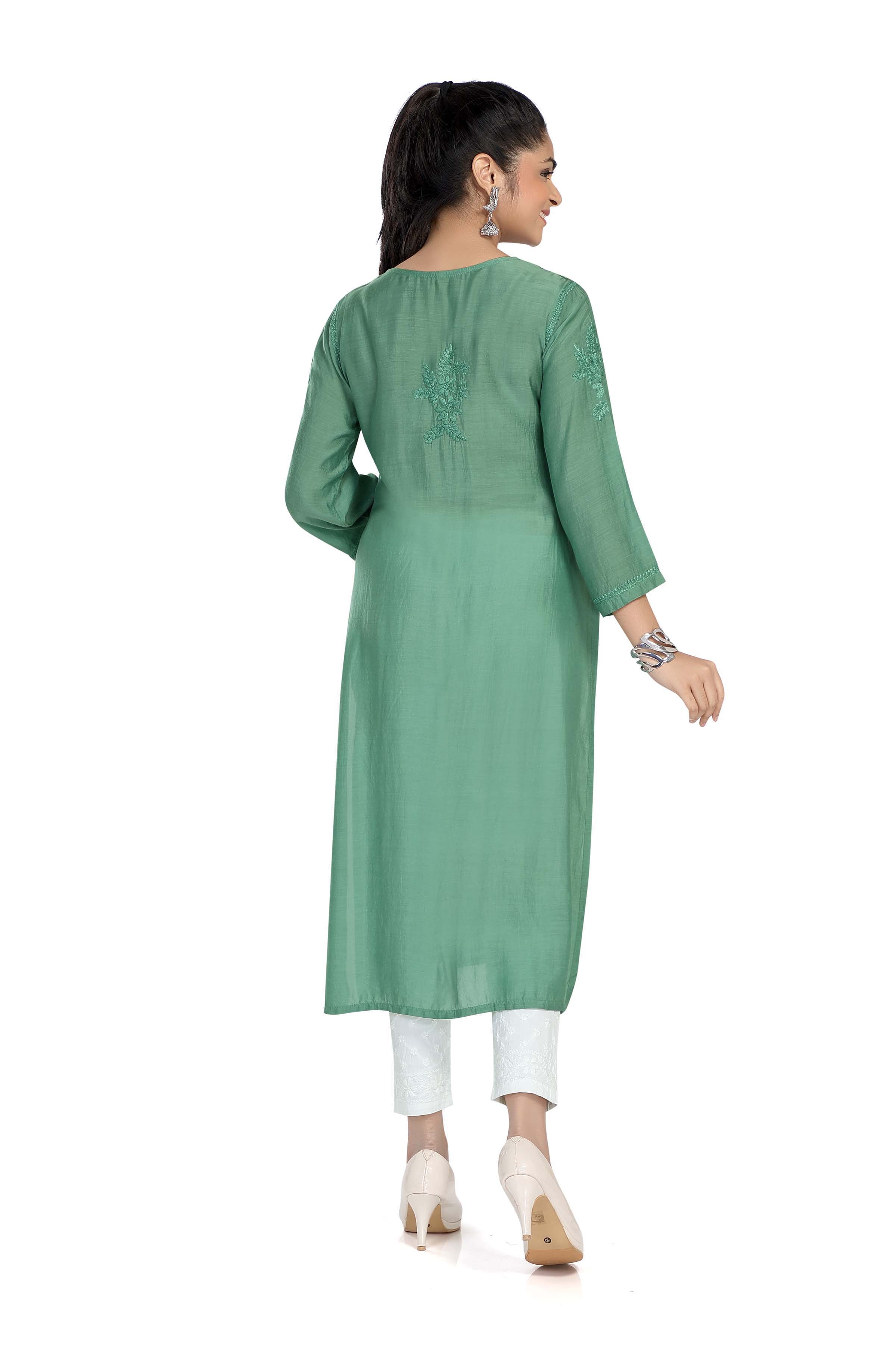 Semal Lucknow Chikankari Straight Basil Green Muslin Kurta