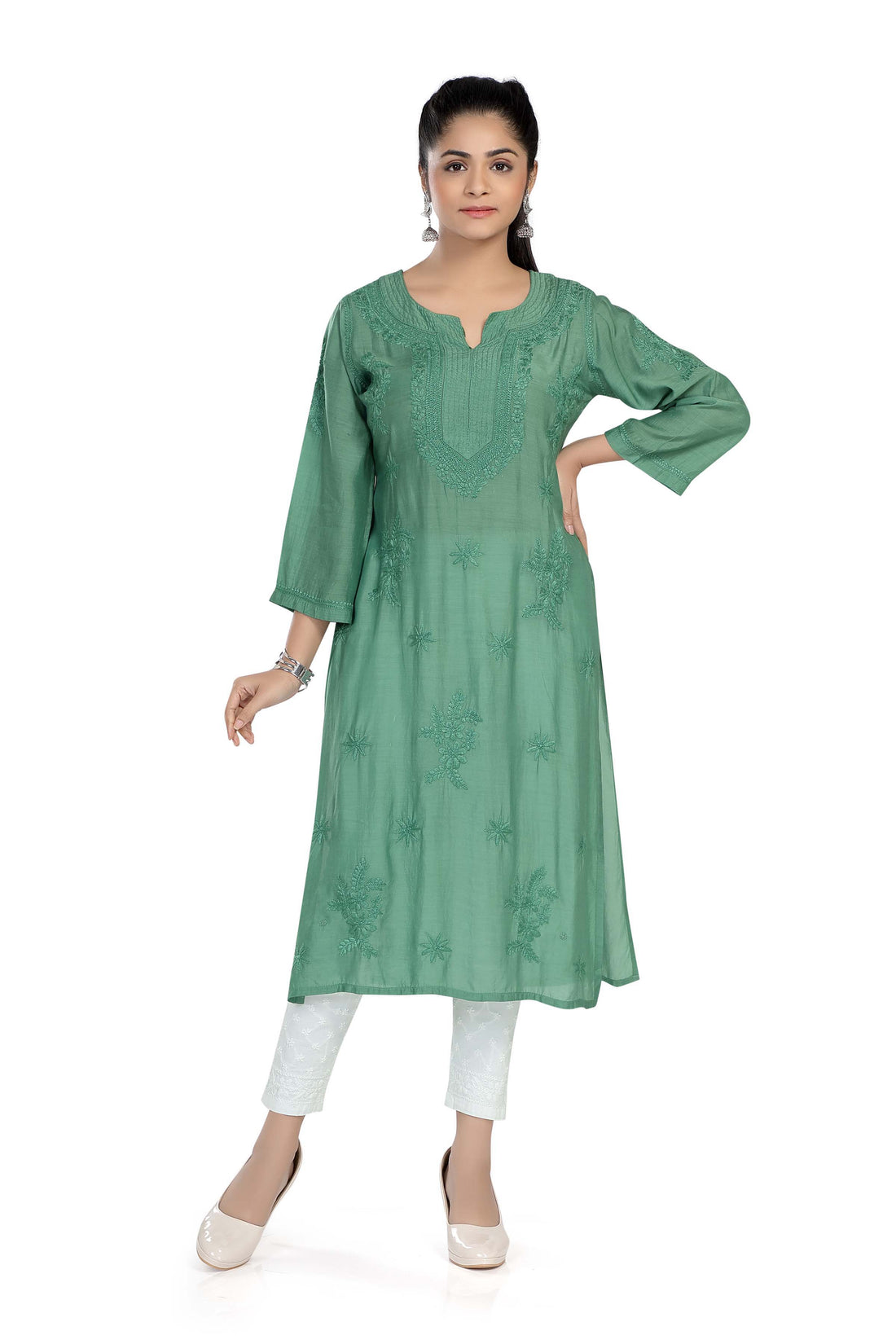 Semal Lucknow Chikankari Straight Basil Green Muslin Kurta