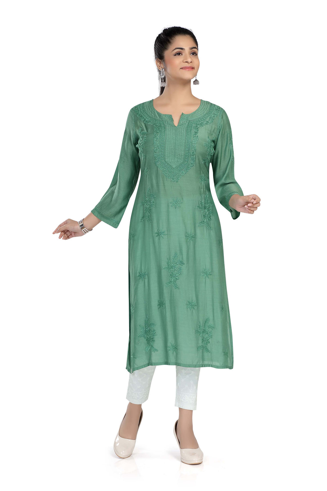 Semal Lucknow Chikankari Straight Basil Green Muslin Kurta