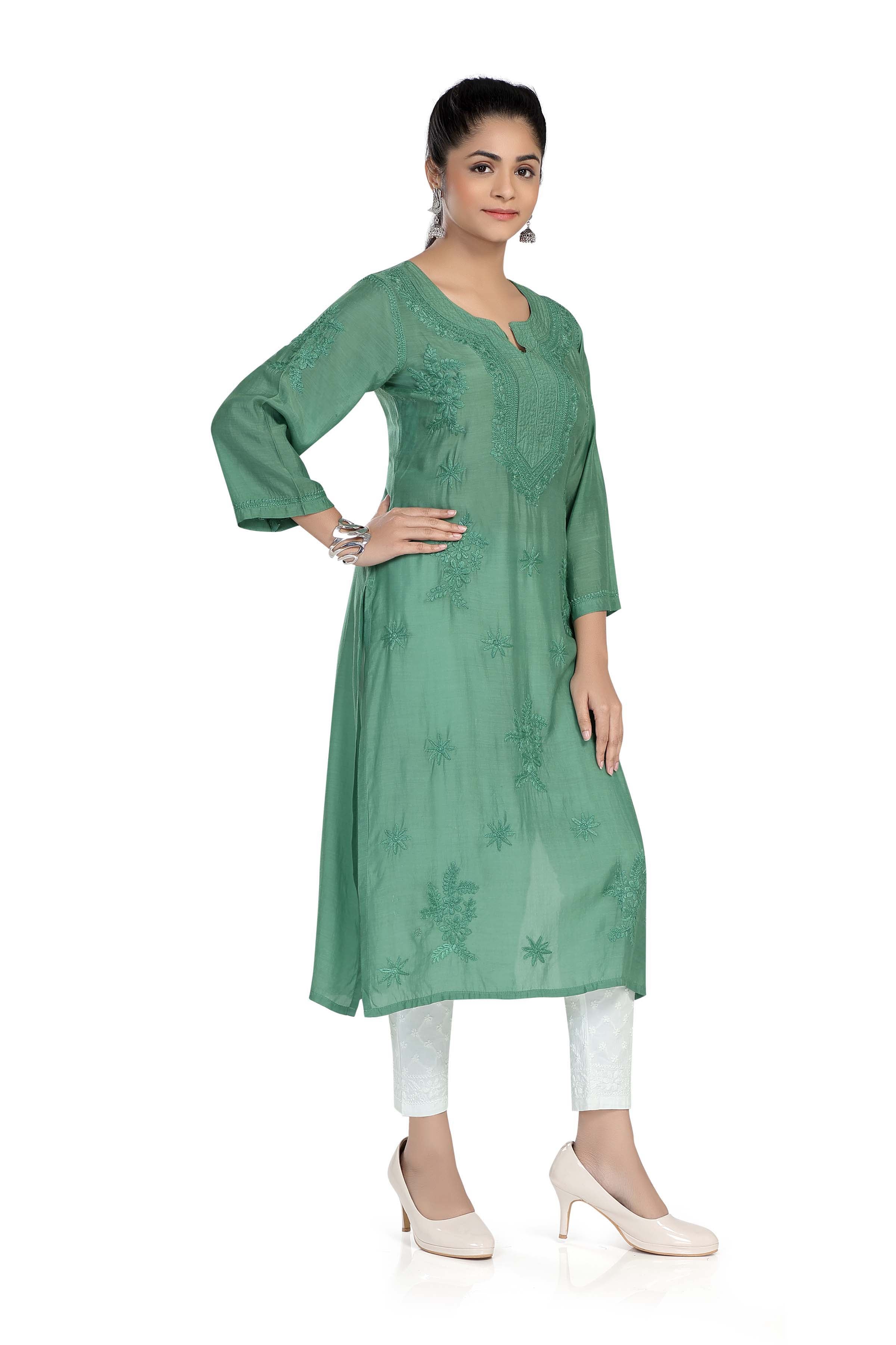 Semal Lucknow Chikankari Straight Basil Green Muslin Kurta