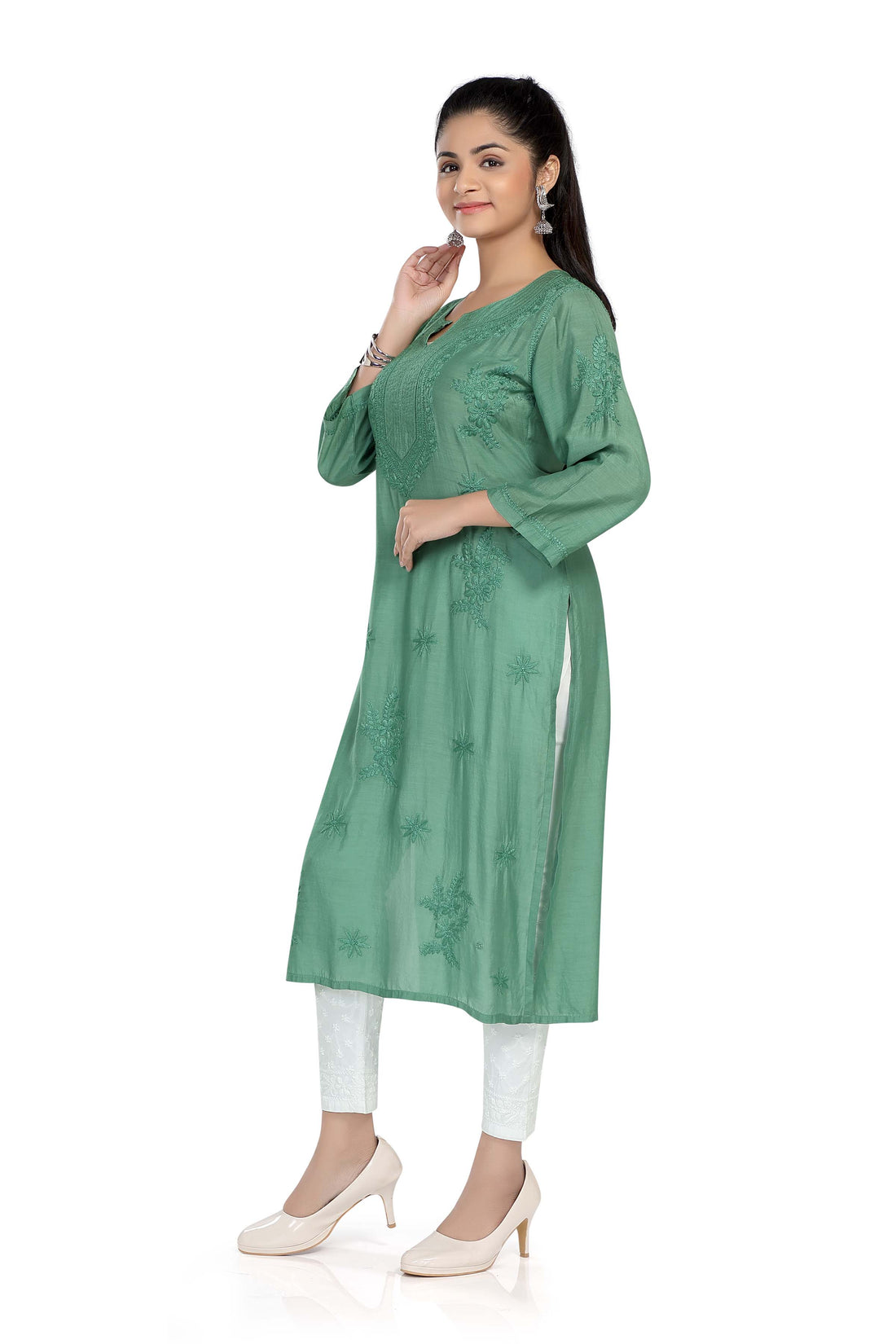 Semal Lucknow Chikankari Straight Basil Green Muslin Kurta