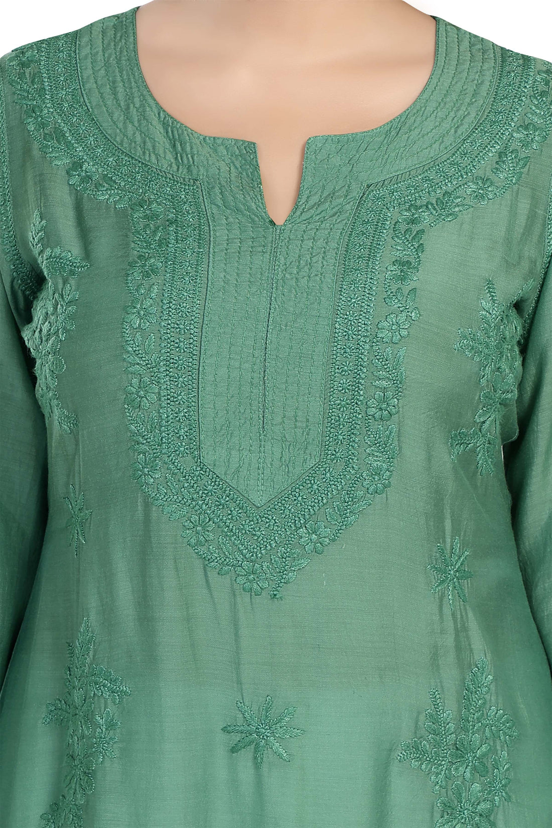 Semal Lucknow Chikankari Straight Basil Green Muslin Kurta