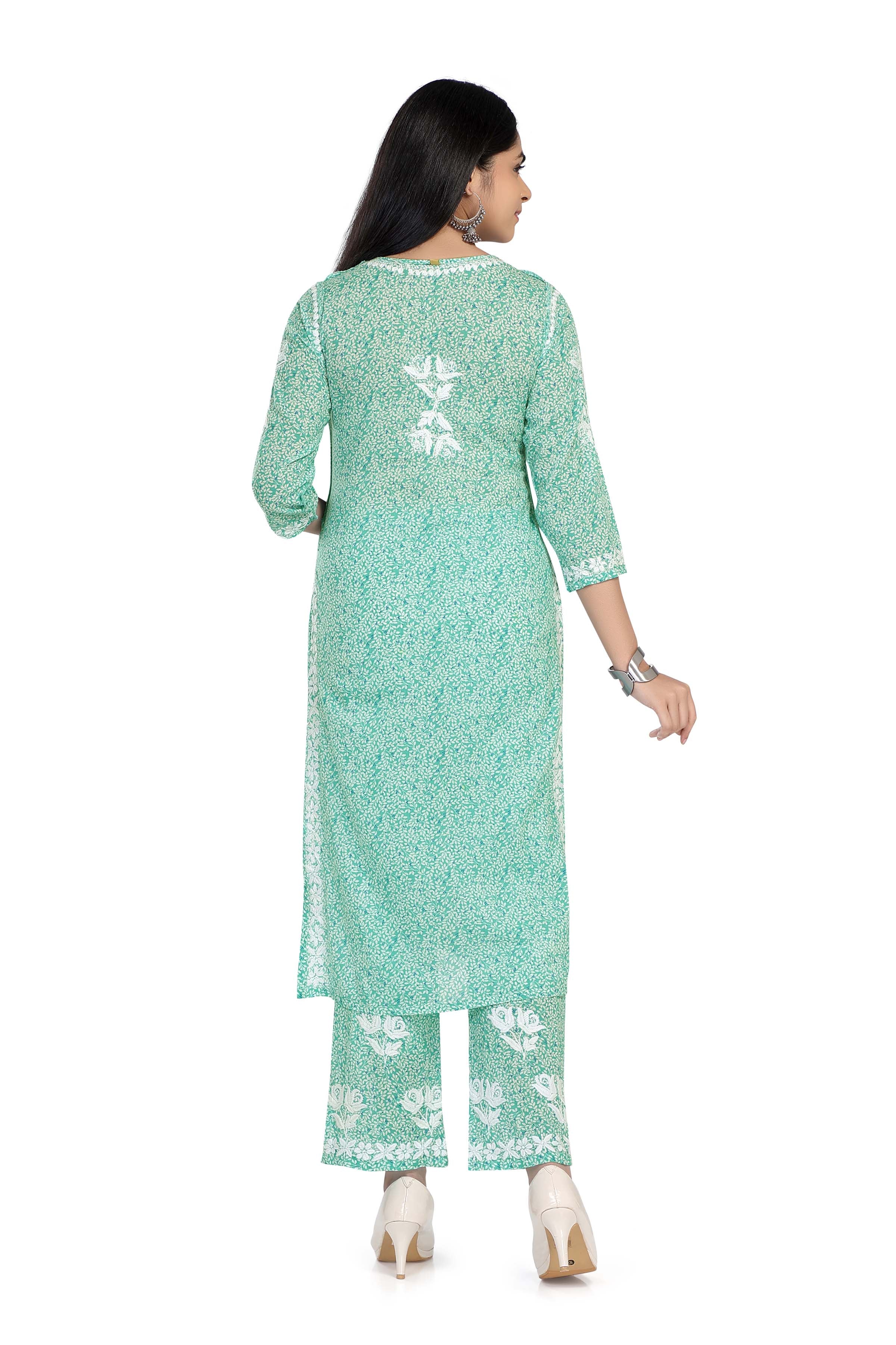 CHIKANKARI TRANQUIL TEAL PRINTED MUL COTTON KURTA SET