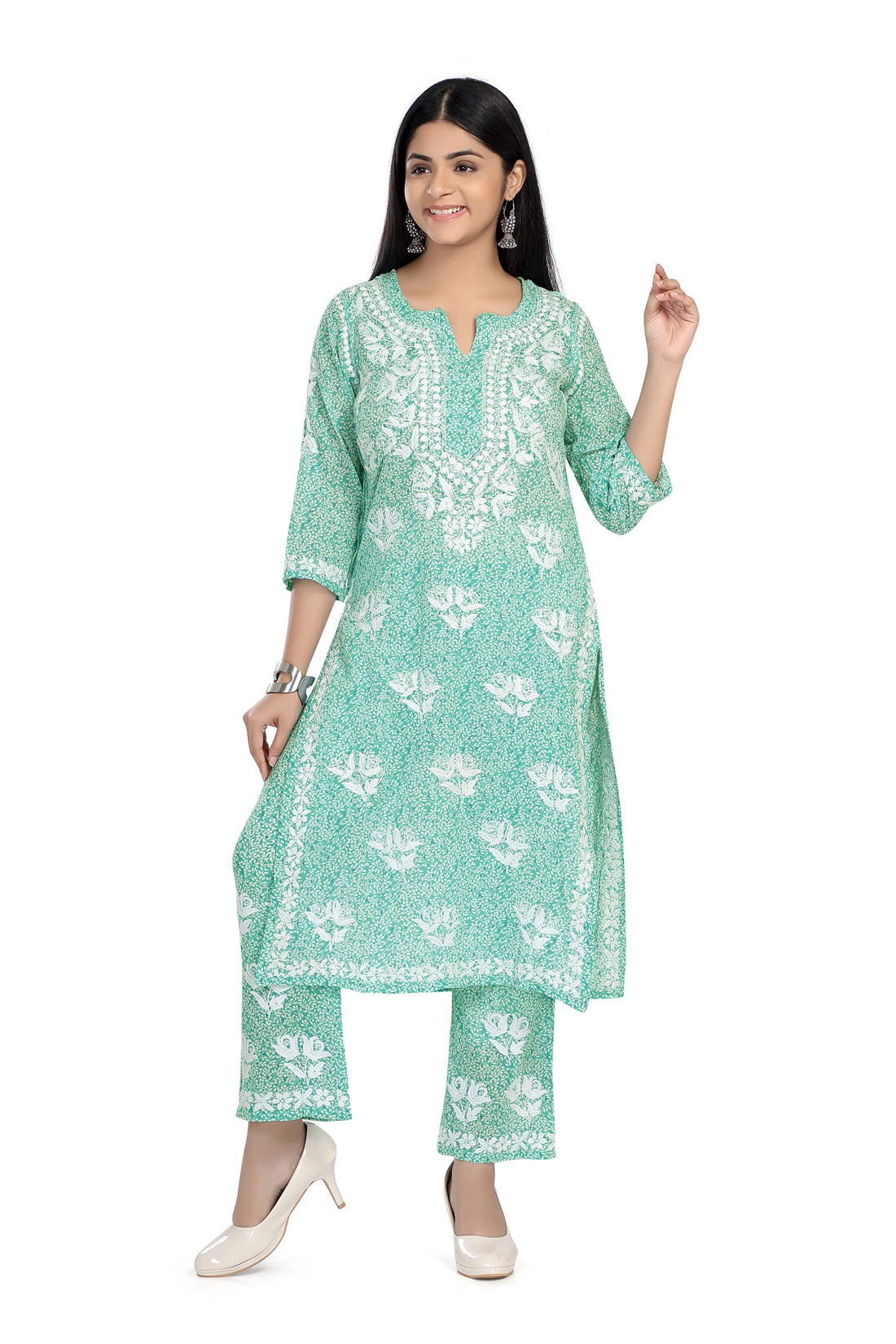 CHIKANKARI TRANQUIL TEAL PRINTED MUL COTTON KURTA SET