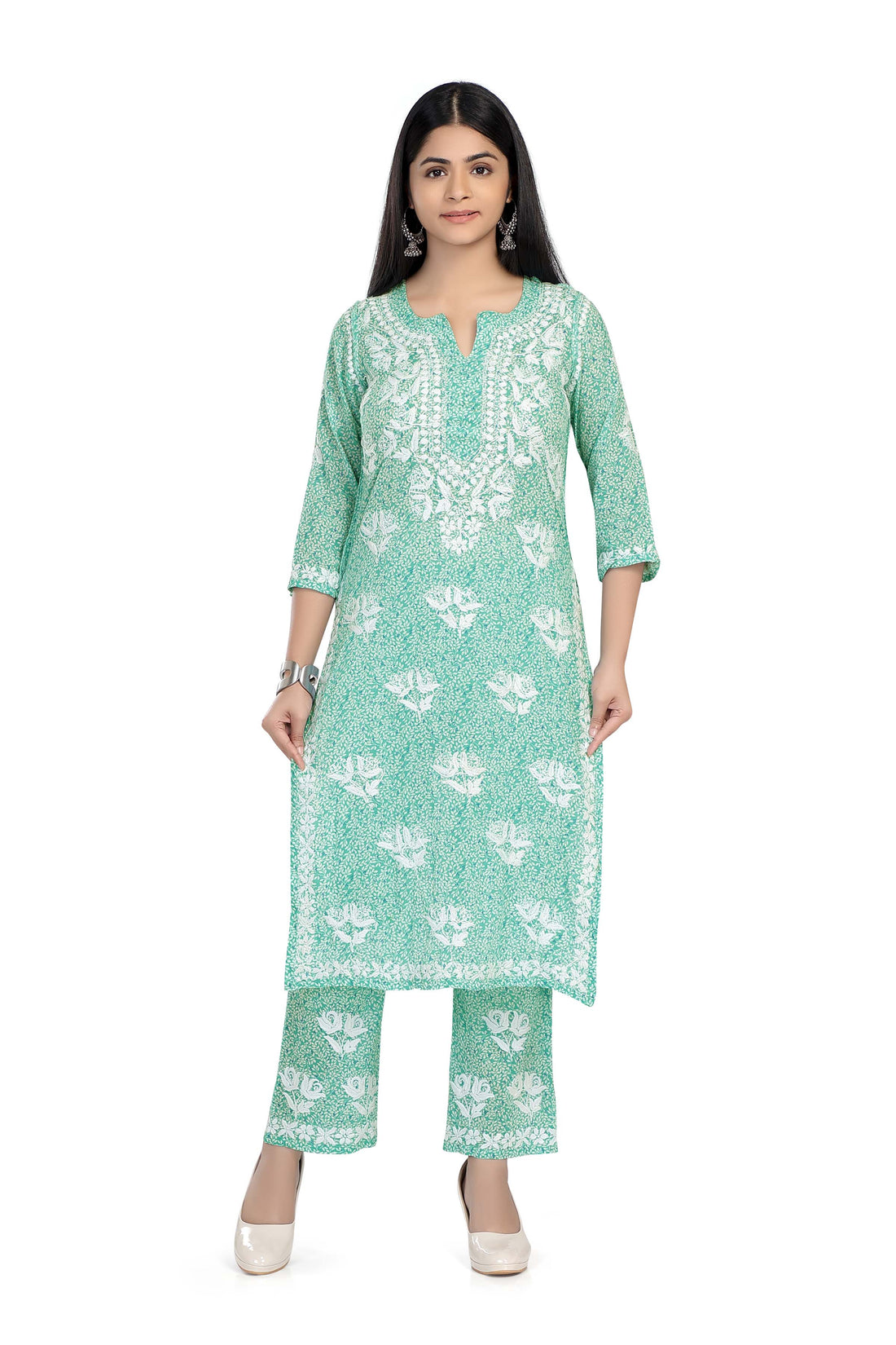 CHIKANKARI TRANQUIL TEAL PRINTED MUL COTTON KURTA SET