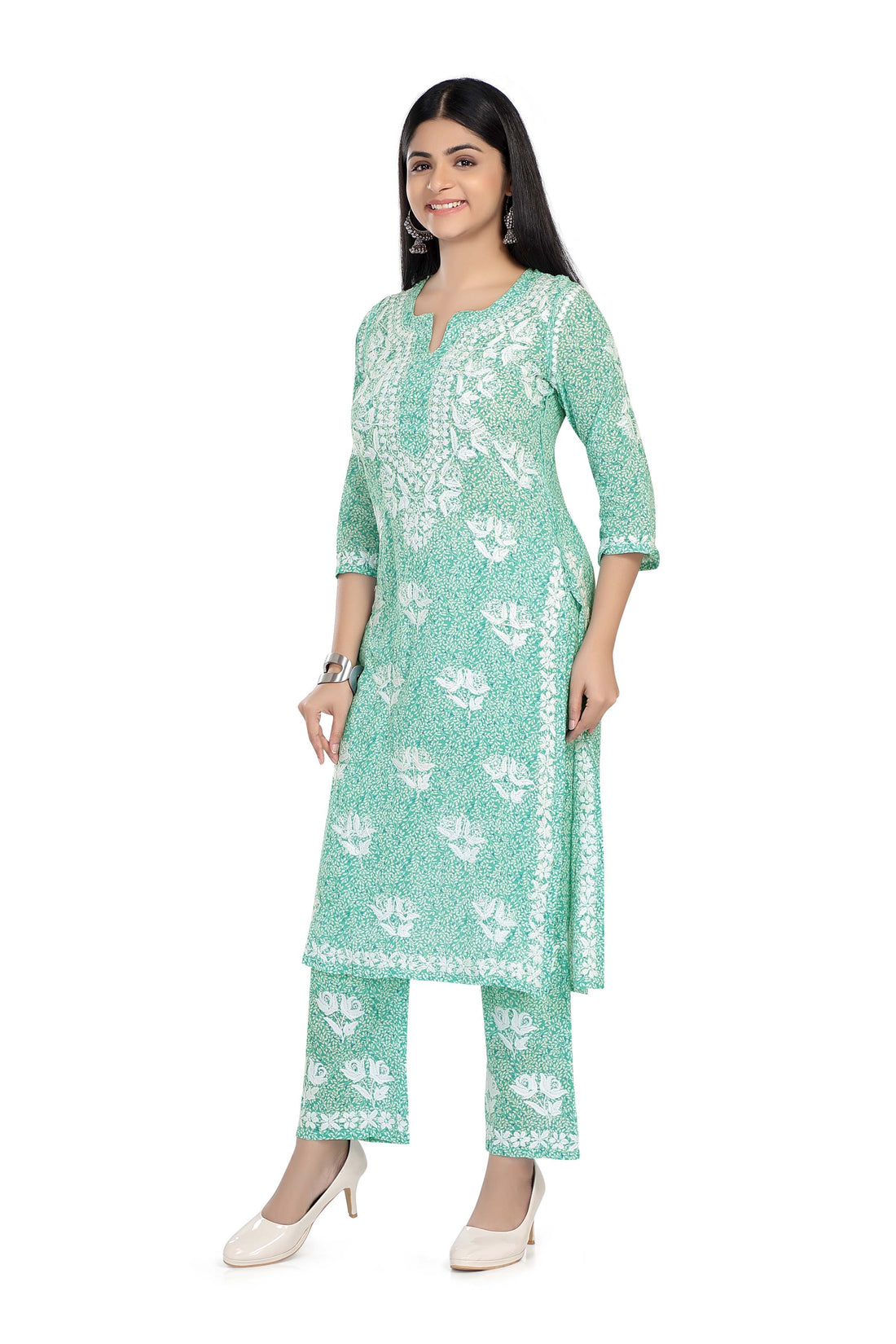 CHIKANKARI TRANQUIL TEAL PRINTED MUL COTTON KURTA SET