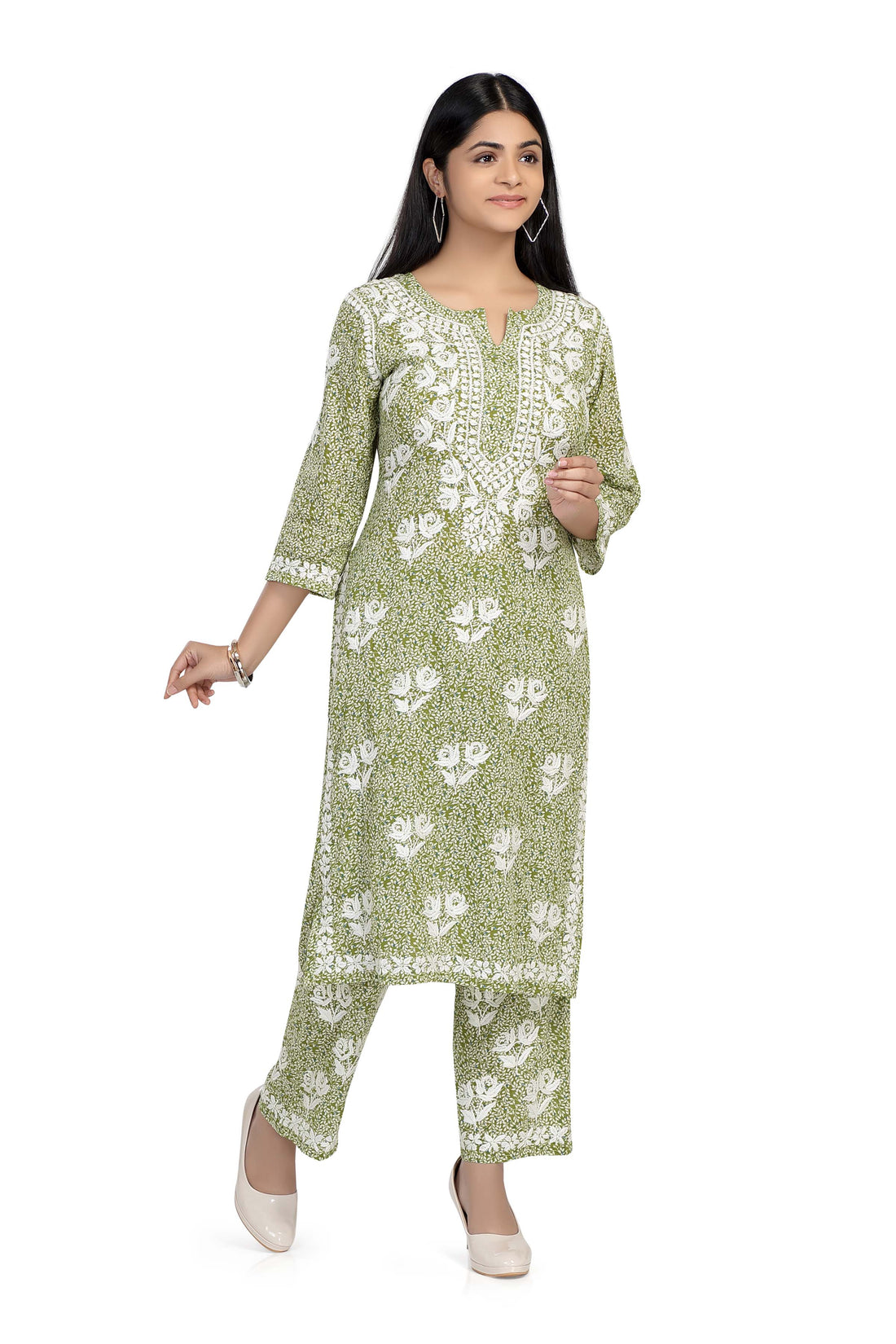 CHIKANKARI TURQOISE PRINTED MUL COTTON KURTA SET