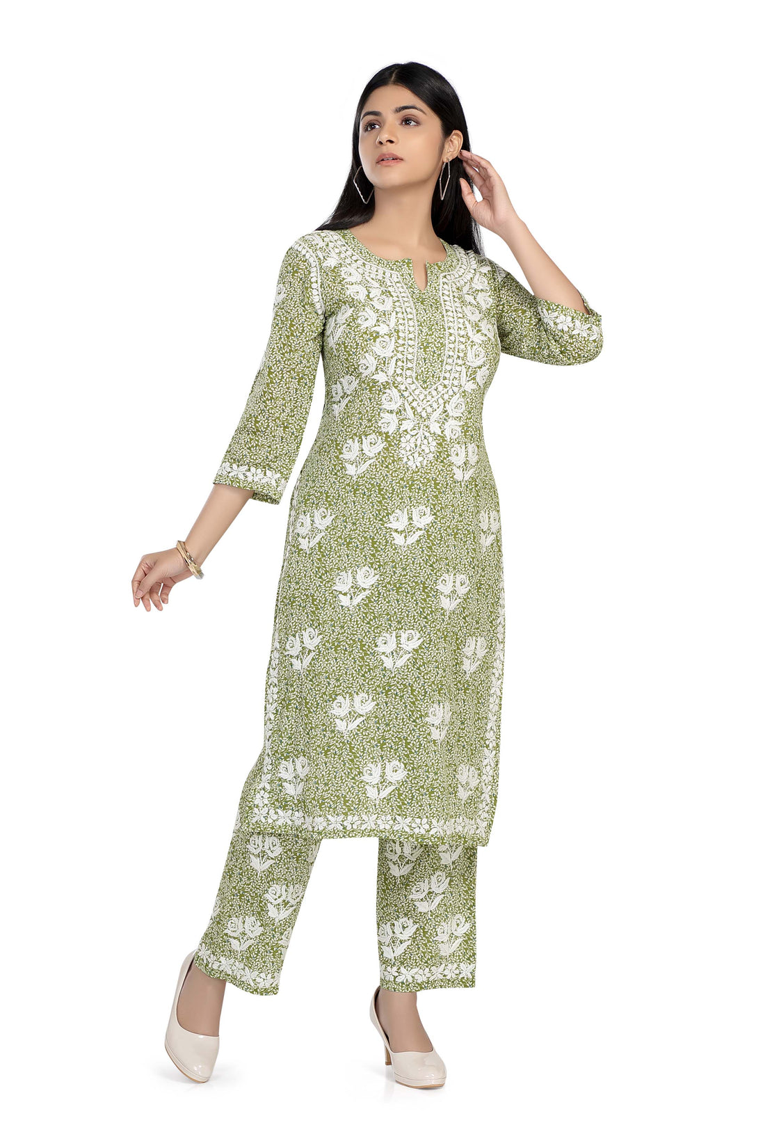 CHIKANKARI TURQOISE PRINTED MUL COTTON KURTA SET