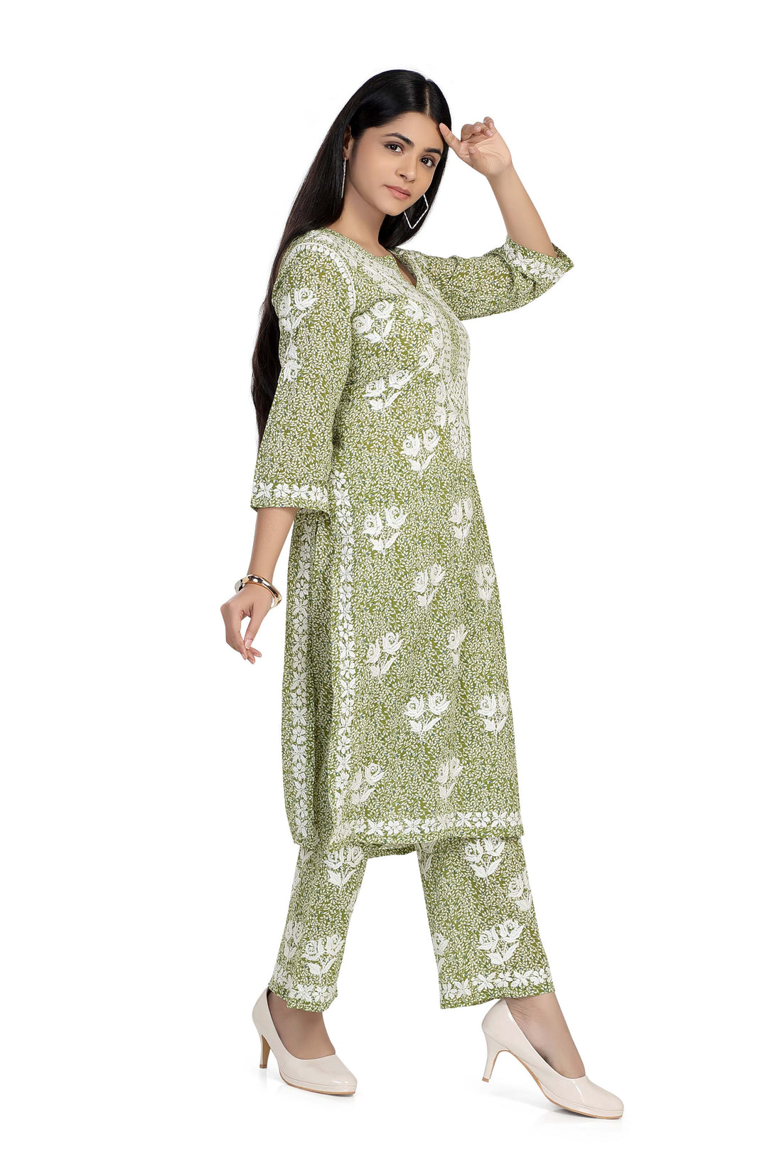 CHIKANKARI TURQOISE PRINTED MUL COTTON KURTA SET