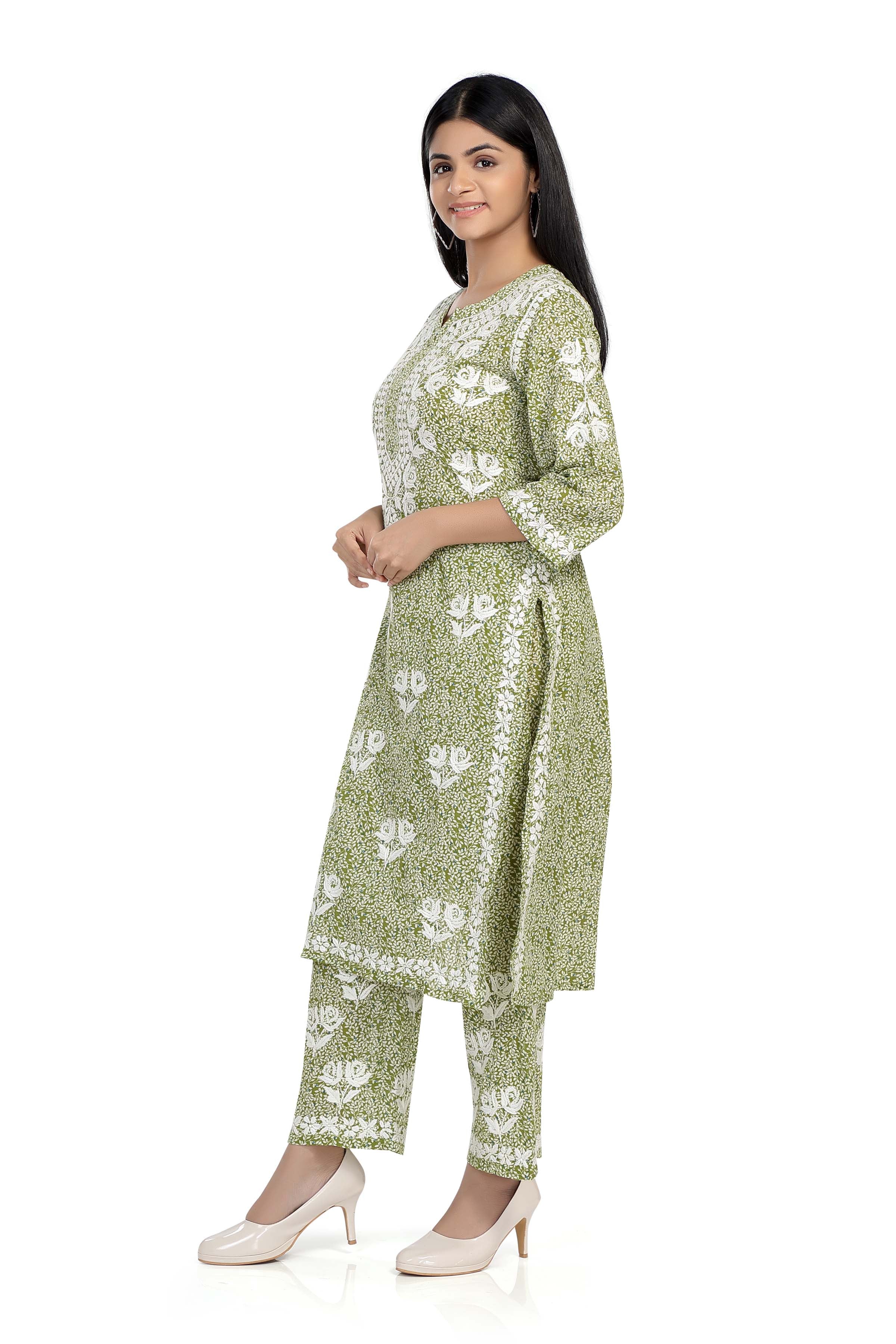 CHIKANKARI TURQOISE PRINTED MUL COTTON KURTA SET