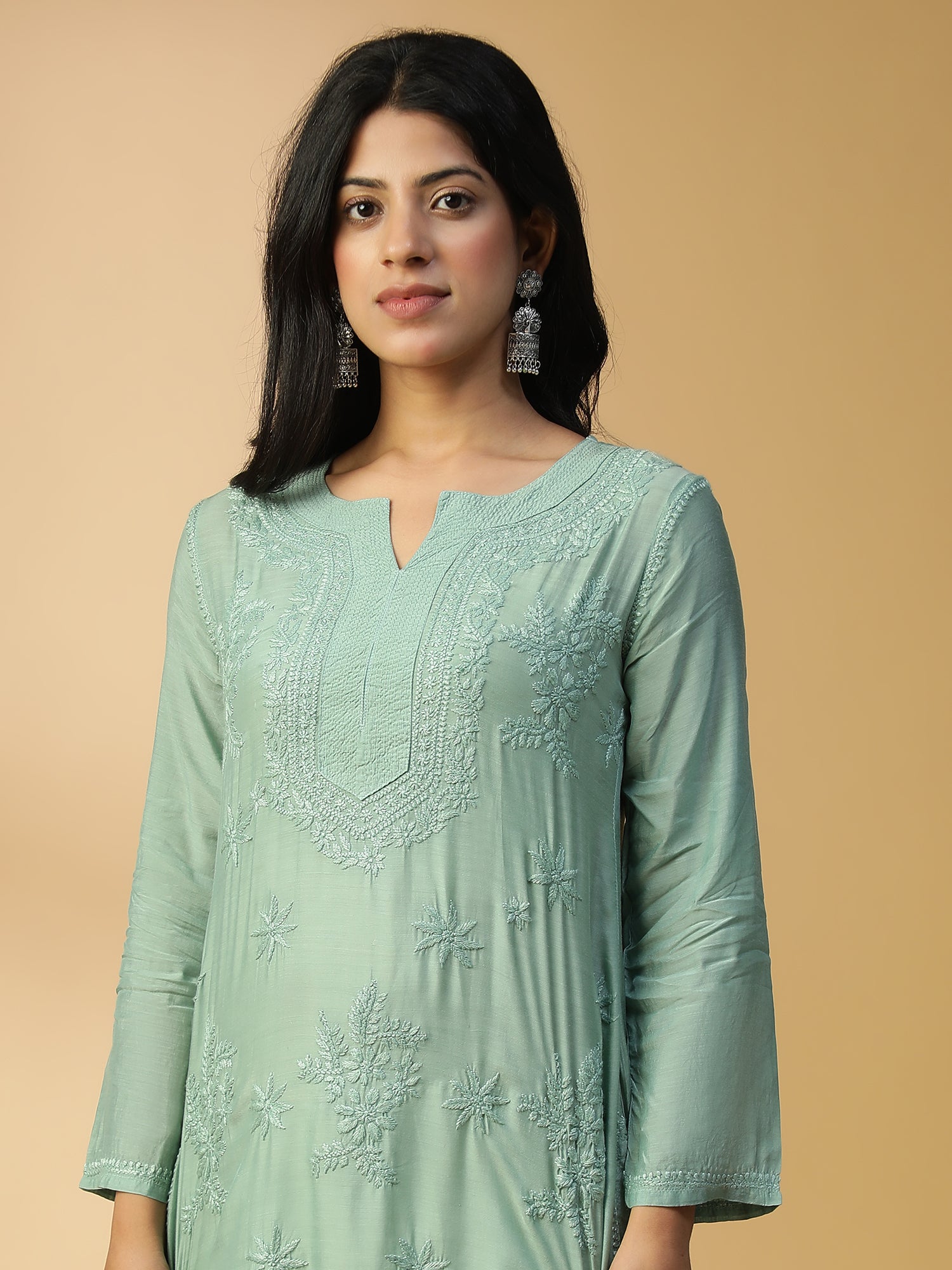 Hand Embroidered Lucknow Chikankari Straight Basil Green Muslin Kurta CH0169