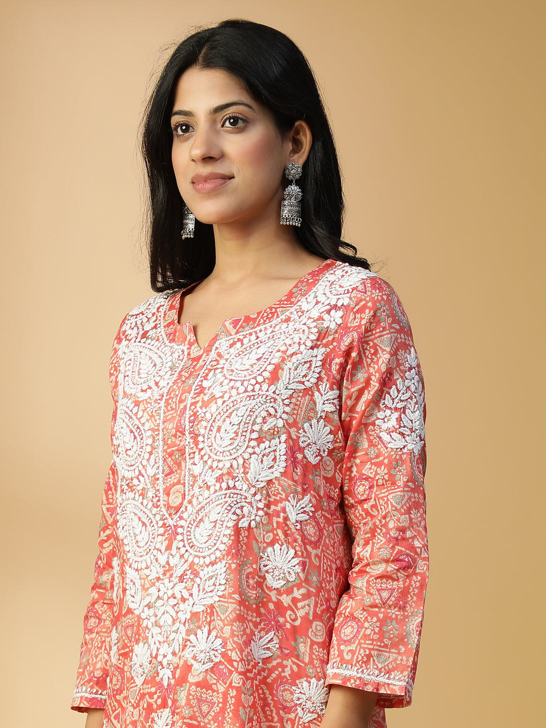 HAND EMBROIDERED ROSE PINK COTTON LUCKNOWI CHIKANKARI PRINTED KURTA CH0157