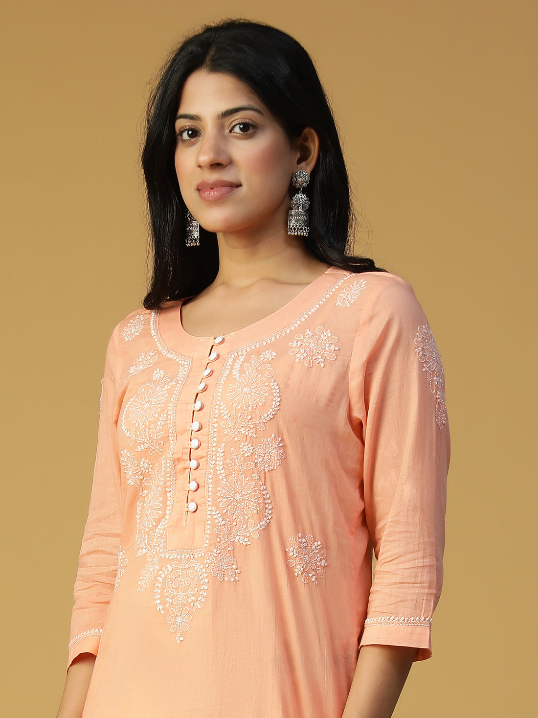 Hand Embrioidered Peach Cotton Lucknowi Chikankari Straight Potli Button Kurta CH0002D