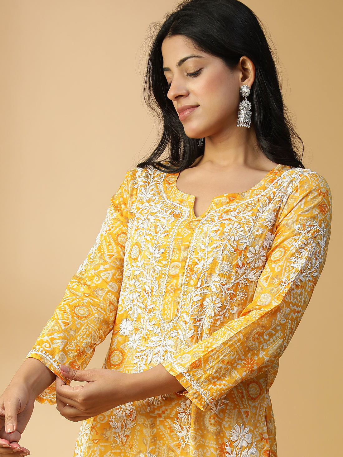 HAND EMBROIDERED GOLD YELLLOW COTTON LUCKNOWI CHIKANKARI PRINTED KURTA CH0156