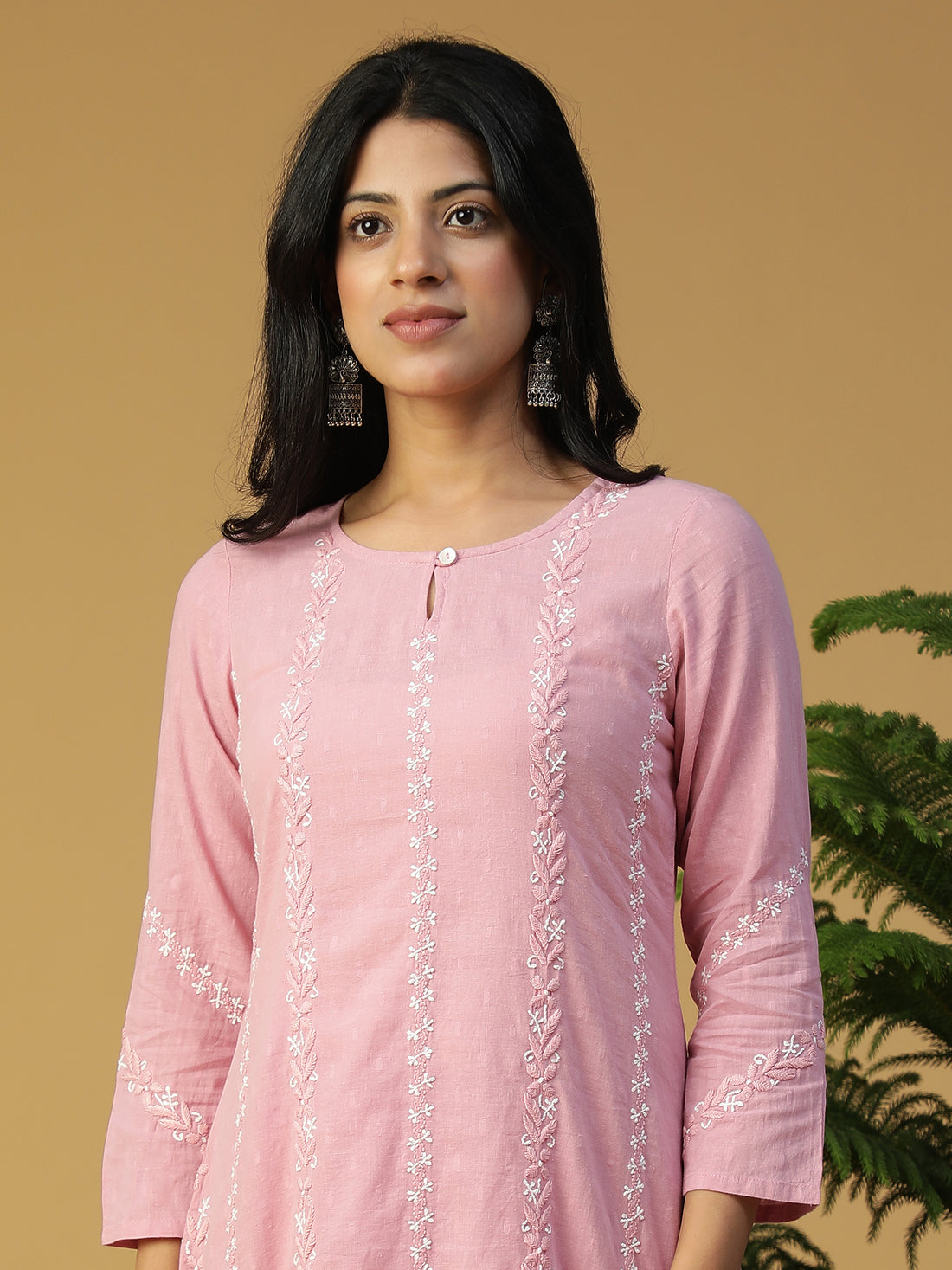 Hand Embroidered Cotton Dobby Lucknowi Chikankari Muted Pink Kurta Set CH0224