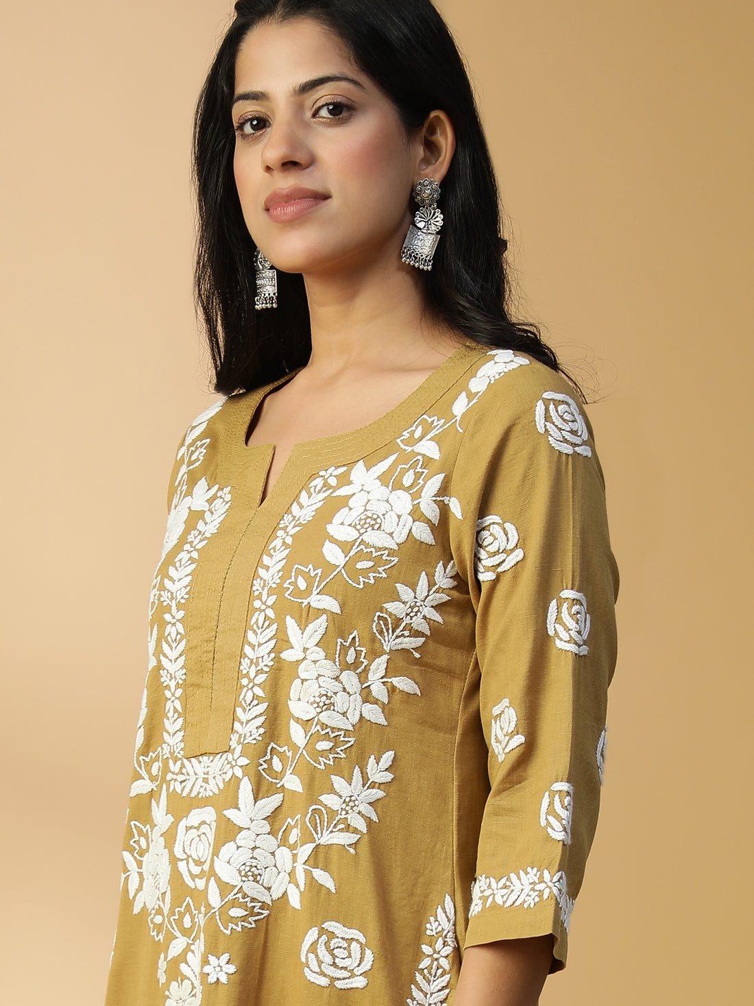 HAND EMBROIDERED DARK BEIGE COTTON LUCKNOWI CHIKANKARI STRAIGHT KURTA CH0152